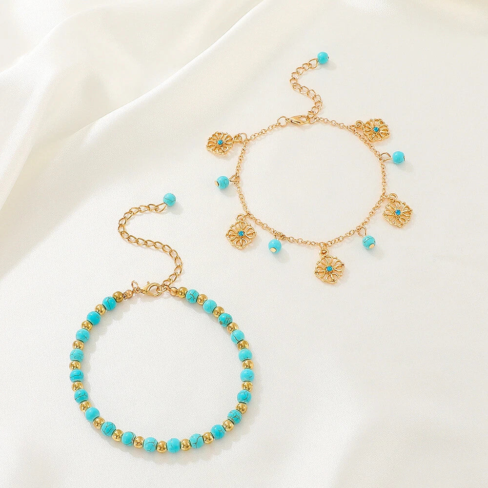 Turquoise Beads Double-Layered Anklet Round Pendant Boho Chic Foot Jewellery