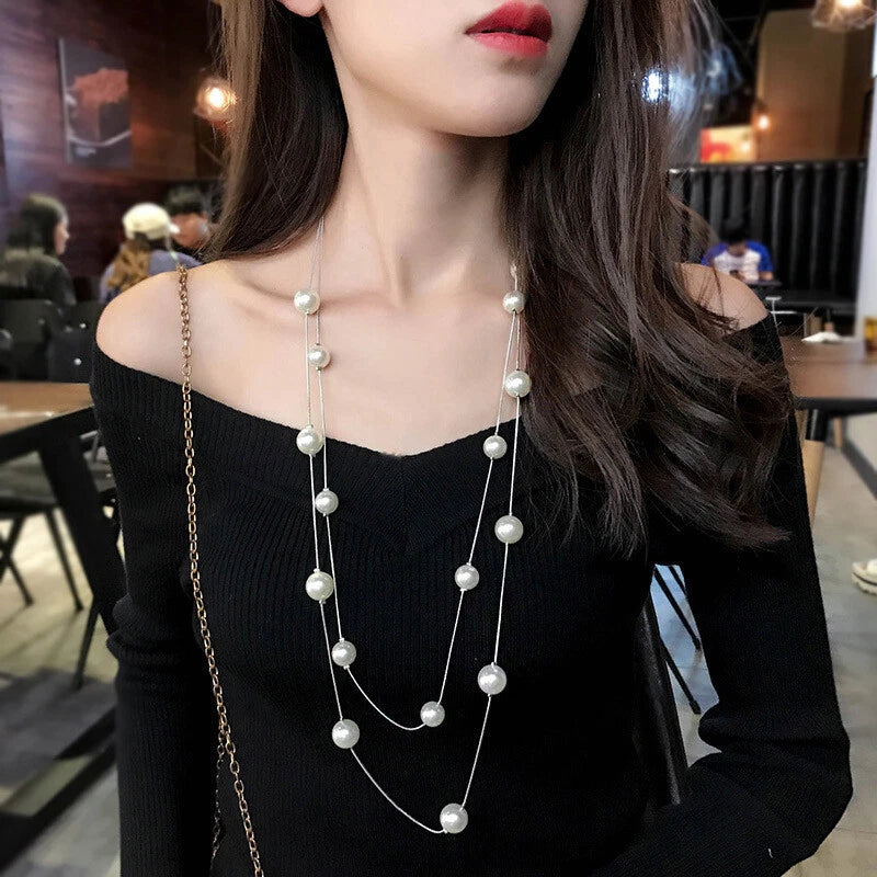 Double Layer Pearl Decor Gold Silver Chain Long Necklace Fashion Accessories