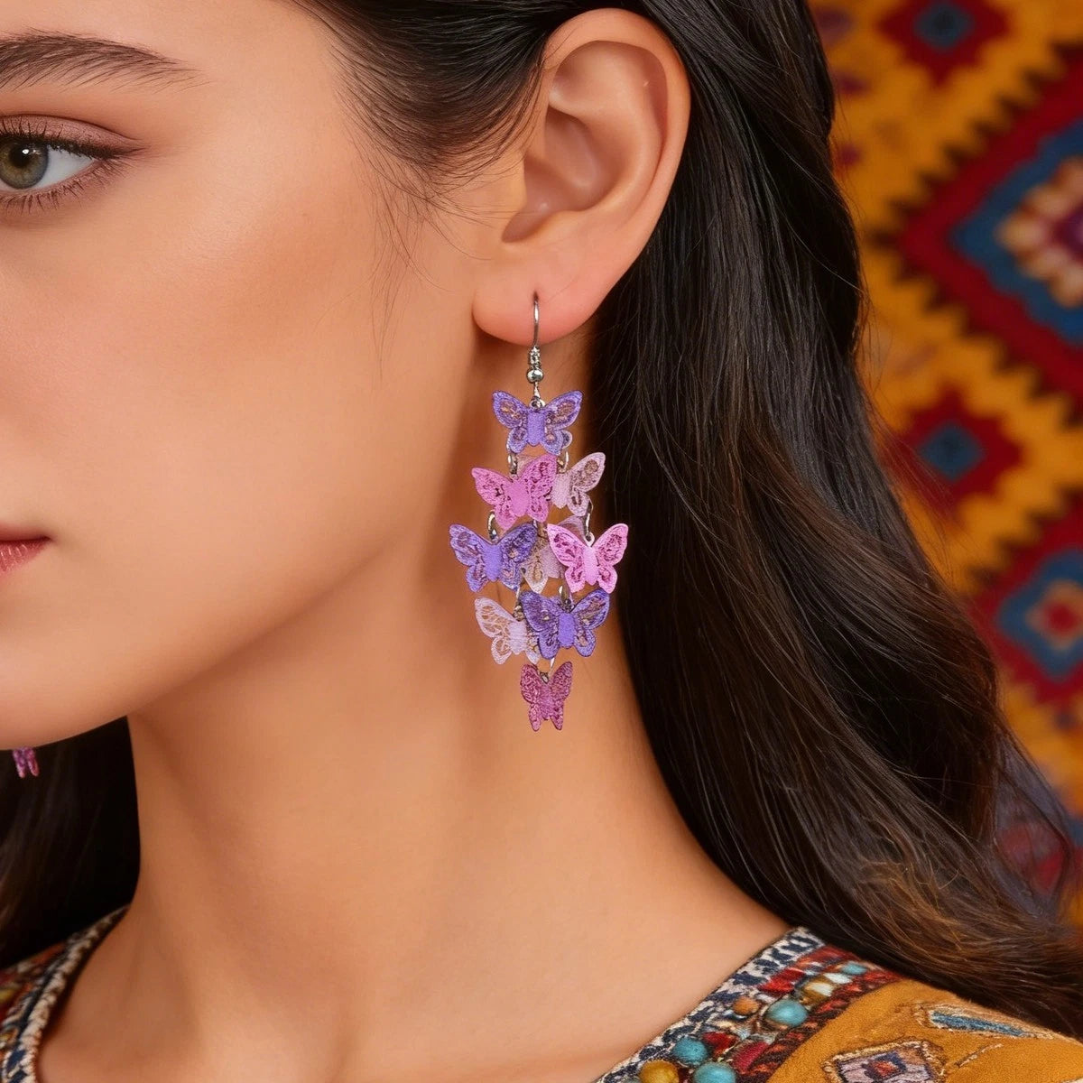 Trendy Summer Vacation Colorful Hollow Multi-level Butterfly Chandelier Earrings
