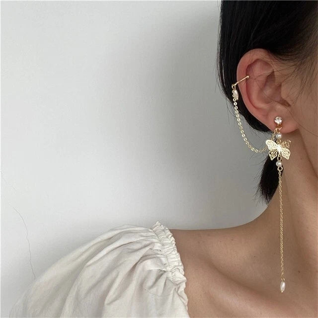 1pc Crystal Pearl Butterfly Long Chain Cartilage Stud Earring Stunning Ear Cuff