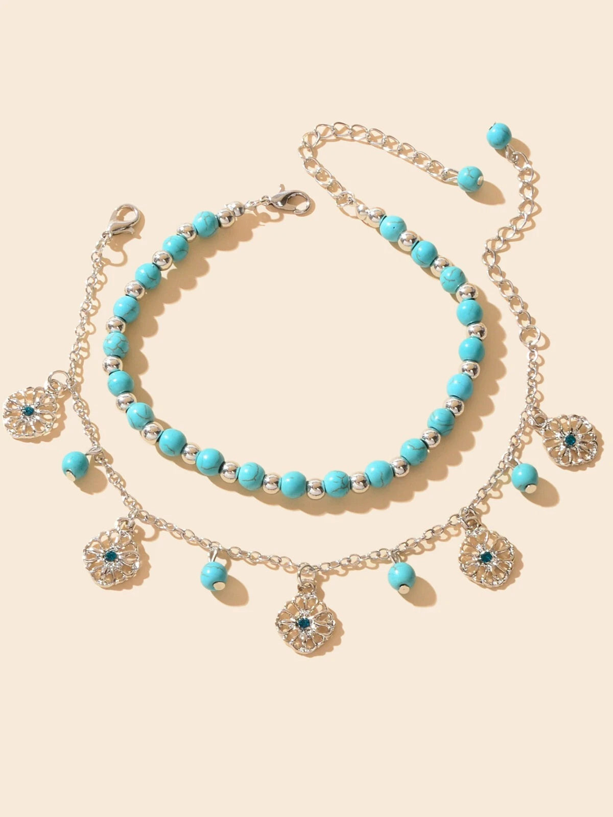 2pcs Handmade Turquoise Beads Anklets Boho Round Charm Bracelets Foot Anklet Set