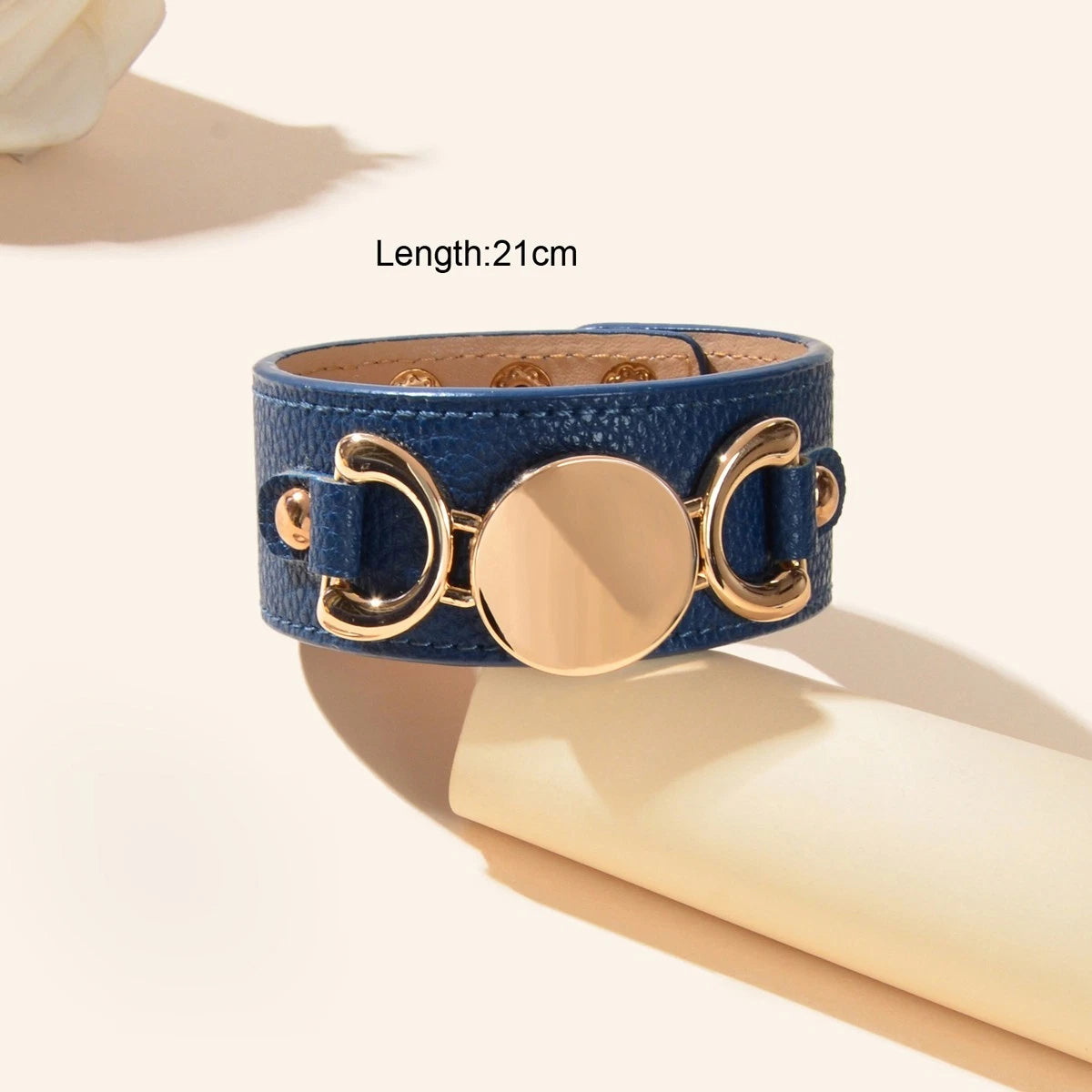 Casual Men's Jewellery Blue PU Leather Gold Metal Buckle Wide Wristband Bracelet