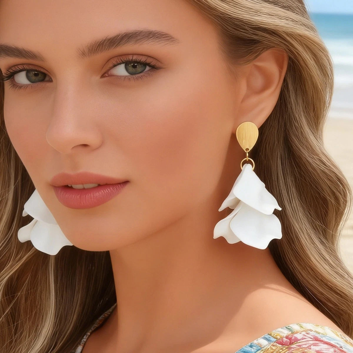 Boho White Petal Flower Dangle Earrings Summer Beach Wedding Vacation Jewellery