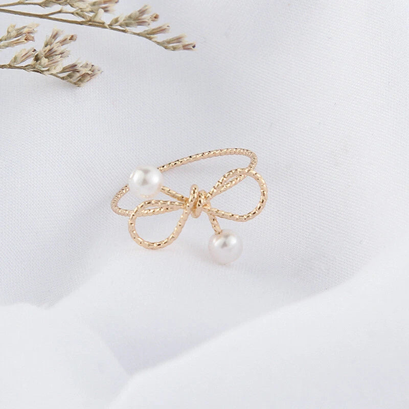 Fashion Jewellery Pearl Gold Bow Cute Finger Ring Beautiful Party Accessories
