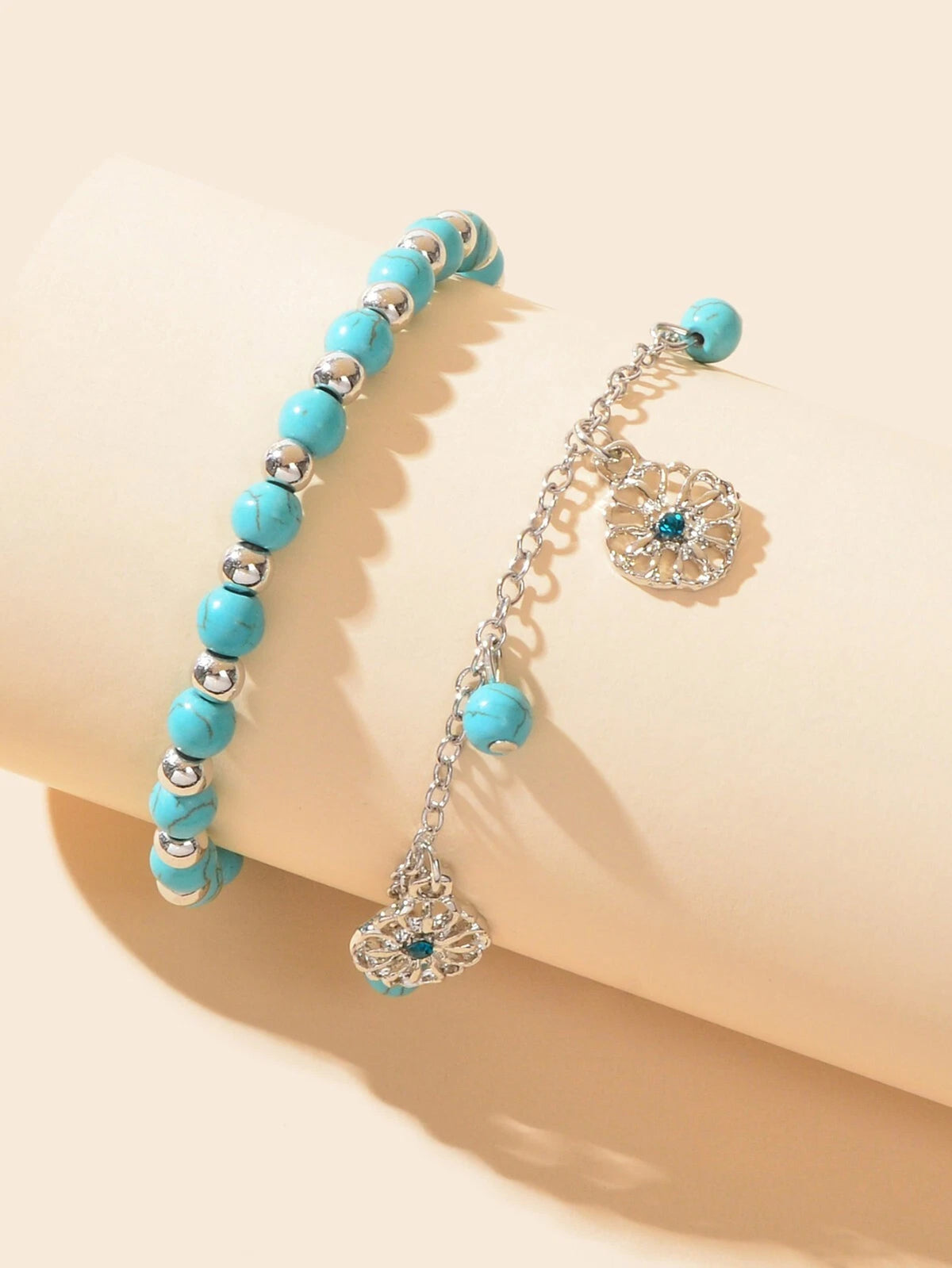 2pcs Handmade Turquoise Beads Anklets Boho Round Charm Bracelets Foot Anklet Set