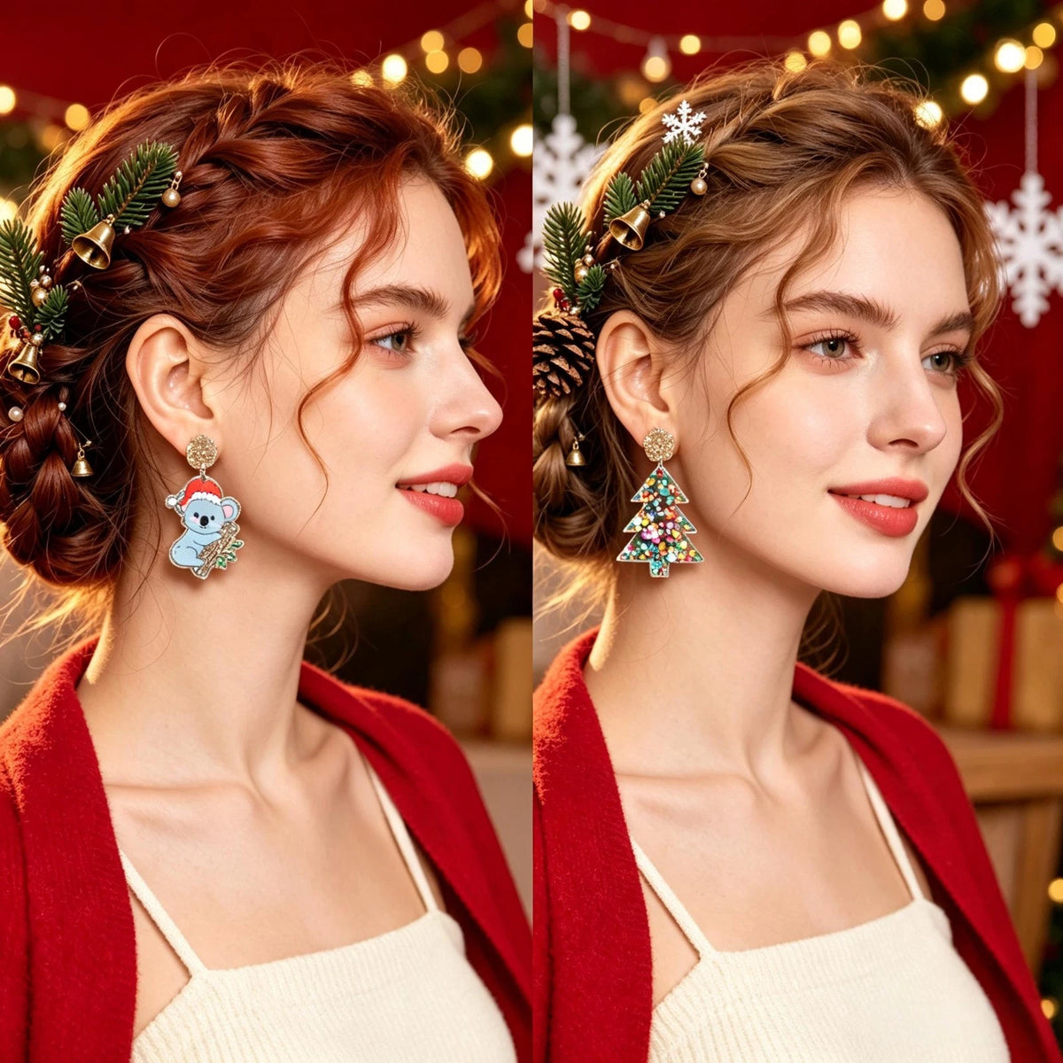 2 pairs Cartoon Christmas Tree Koala Drop Earrings Lovely Holiday Party Jewelry