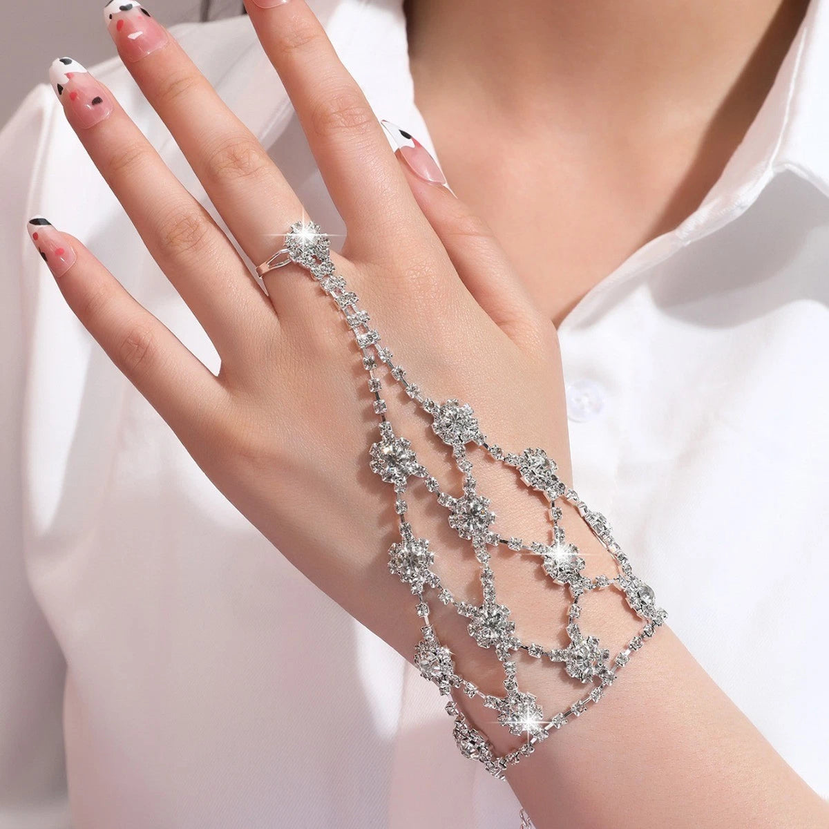 Wedding Party Bride Jewelry Luxurious Rhinestone Flower Ring Bracelet Connector