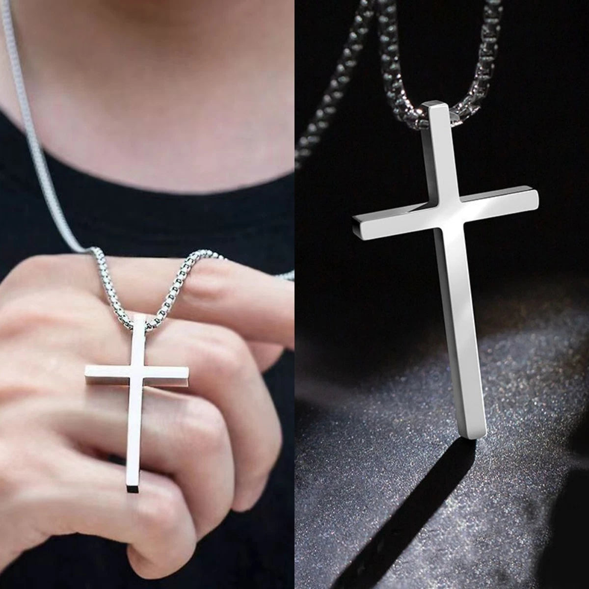 2 pcs Silver Long Chain Cross Pendant Necklace Street Jewelry for Women Men