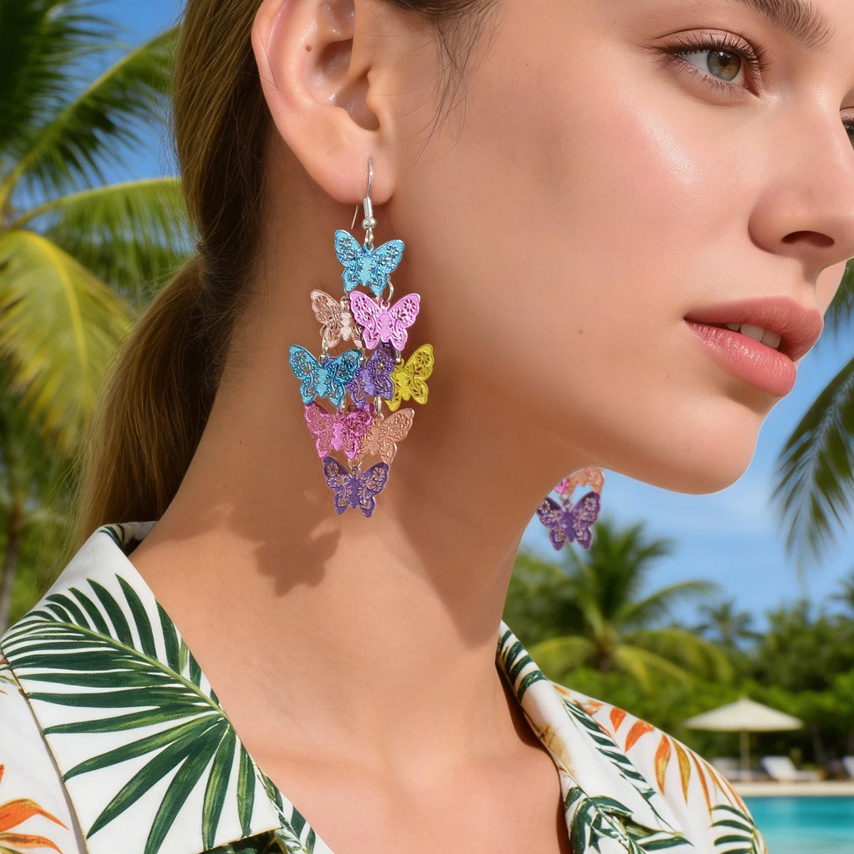 Trendy Summer Vacation Colorful Hollow Multi-level Butterfly Chandelier Earrings