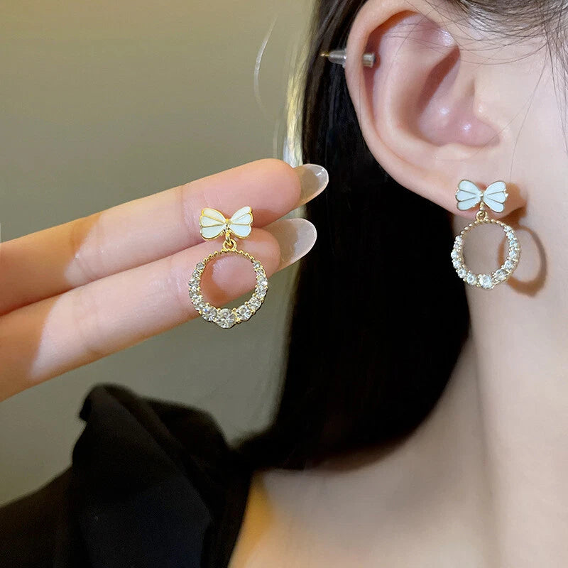 Women Teen Girls White Enamel Bow Rhinestone Circle Stud Lightweight Earrings