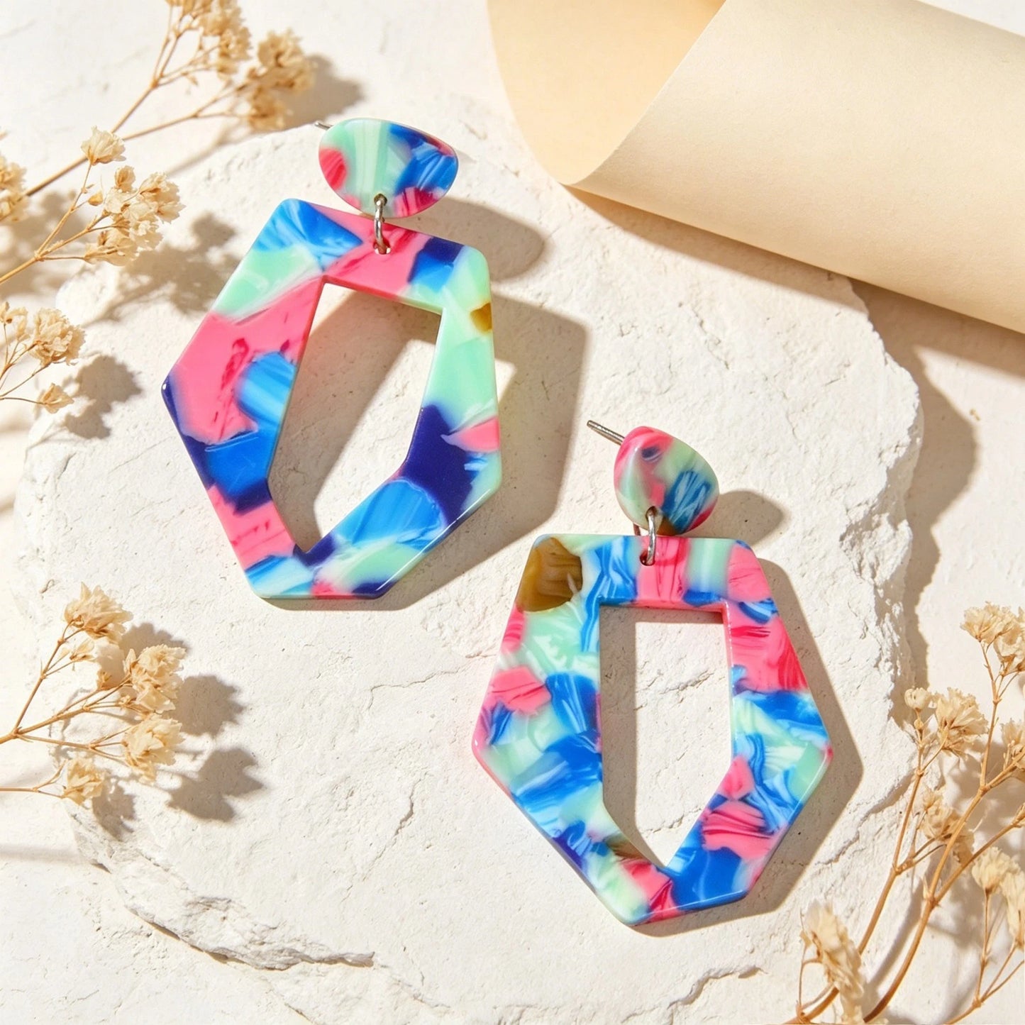 Mixed Color Geometric Acrylic Dangling Elements Earrings Women Party Decoration