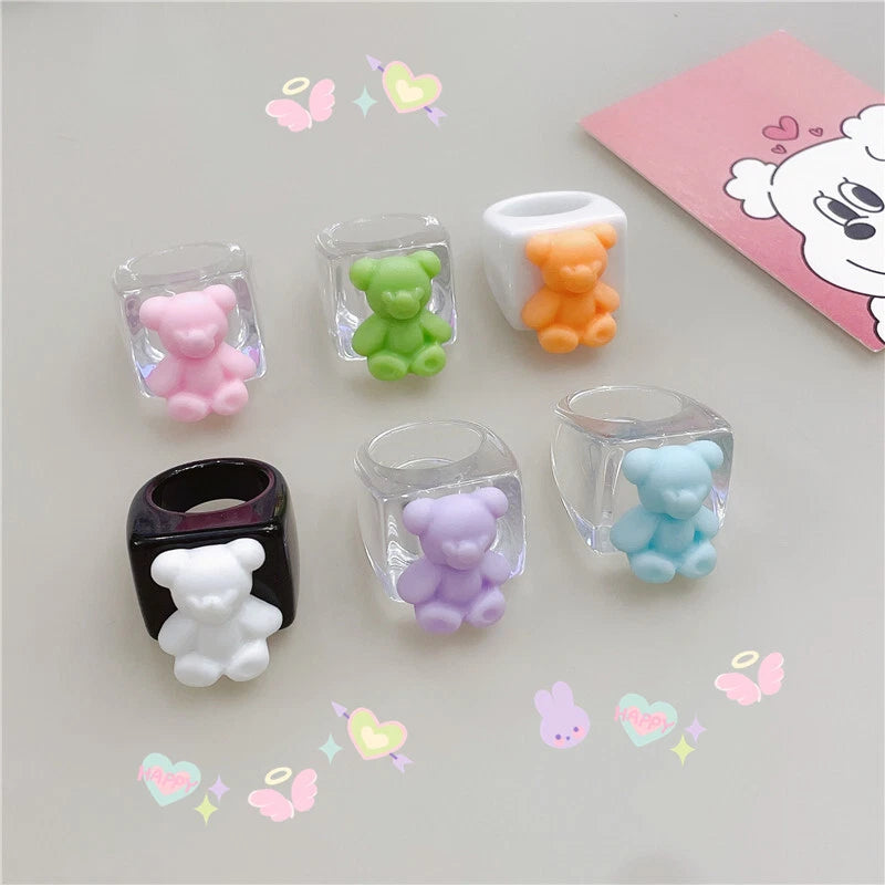 3D Cartoon Purple Orange Bear Plastic Transparent Chunky Trendy Finger Ring Gift