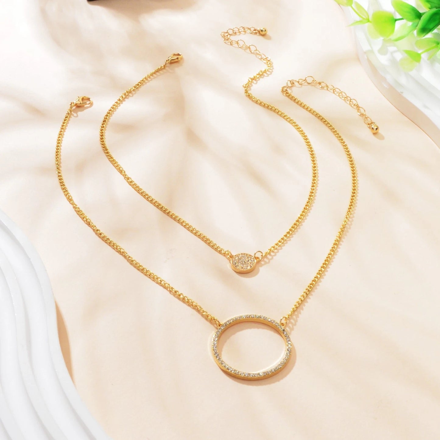 2 pcs Gold Silver Chain Rhinestone Round Circle Pendant Necklace Jewellery Gift