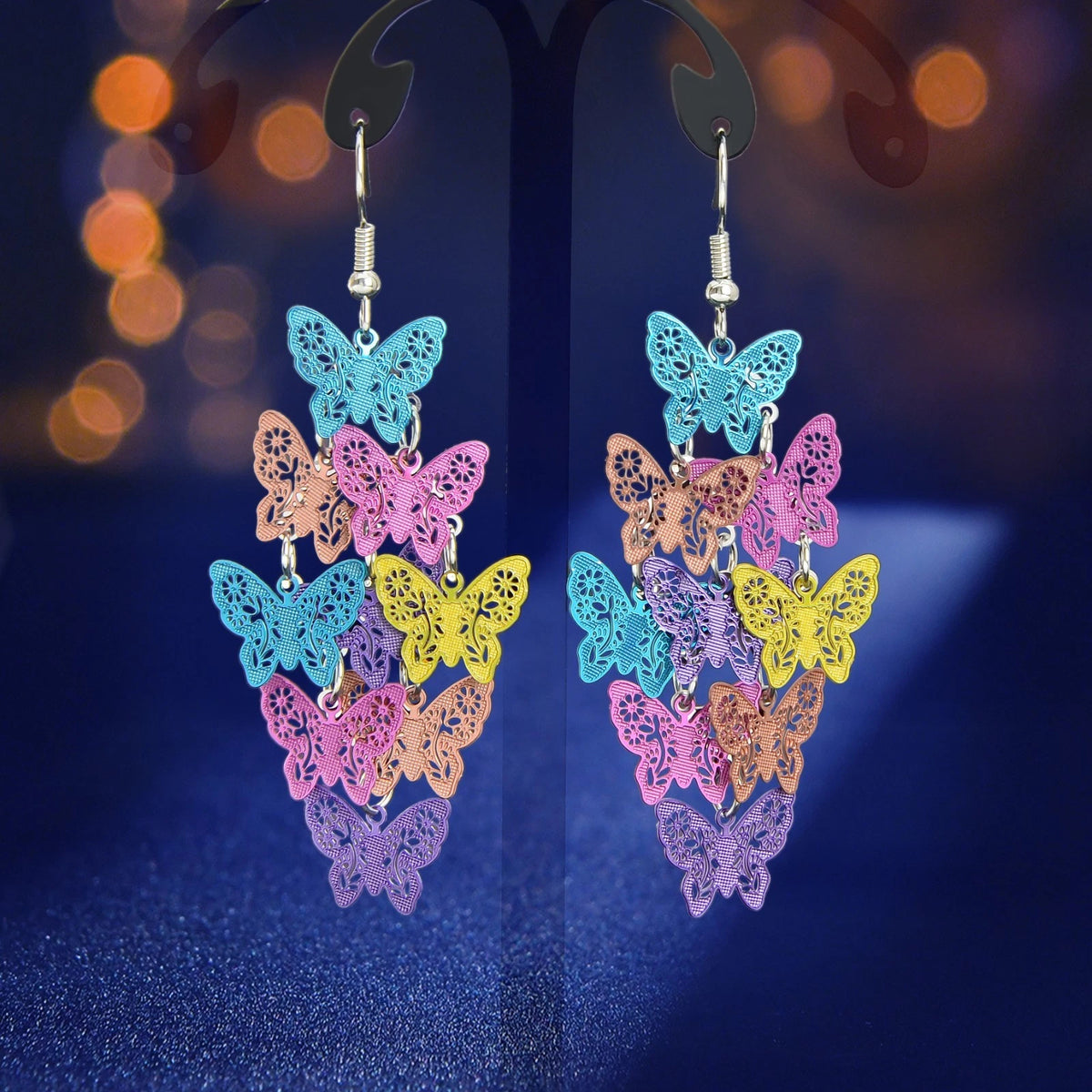 Trendy Summer Vacation Colorful Hollow Multi-level Butterfly Chandelier Earrings