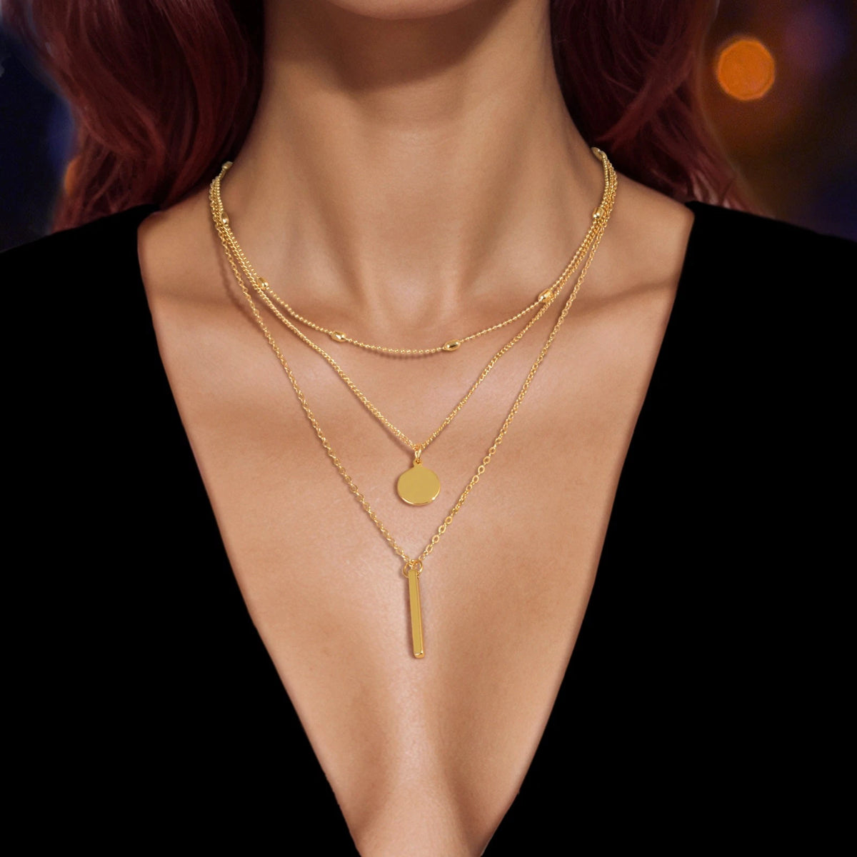 3 pcs Multilayer Bar Disc Pendant Dainty Necklaces Gold Layered Chain Chokers