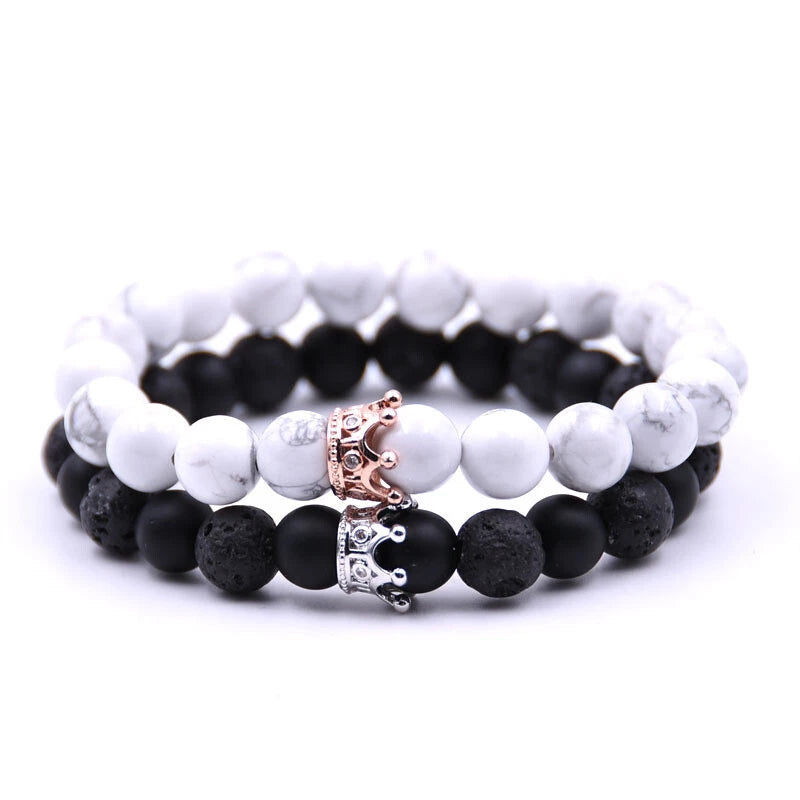 2pcs Crown Marble Lava Stone Beads Boho Ethnic Bracelet set Chunky Jewelry Gift