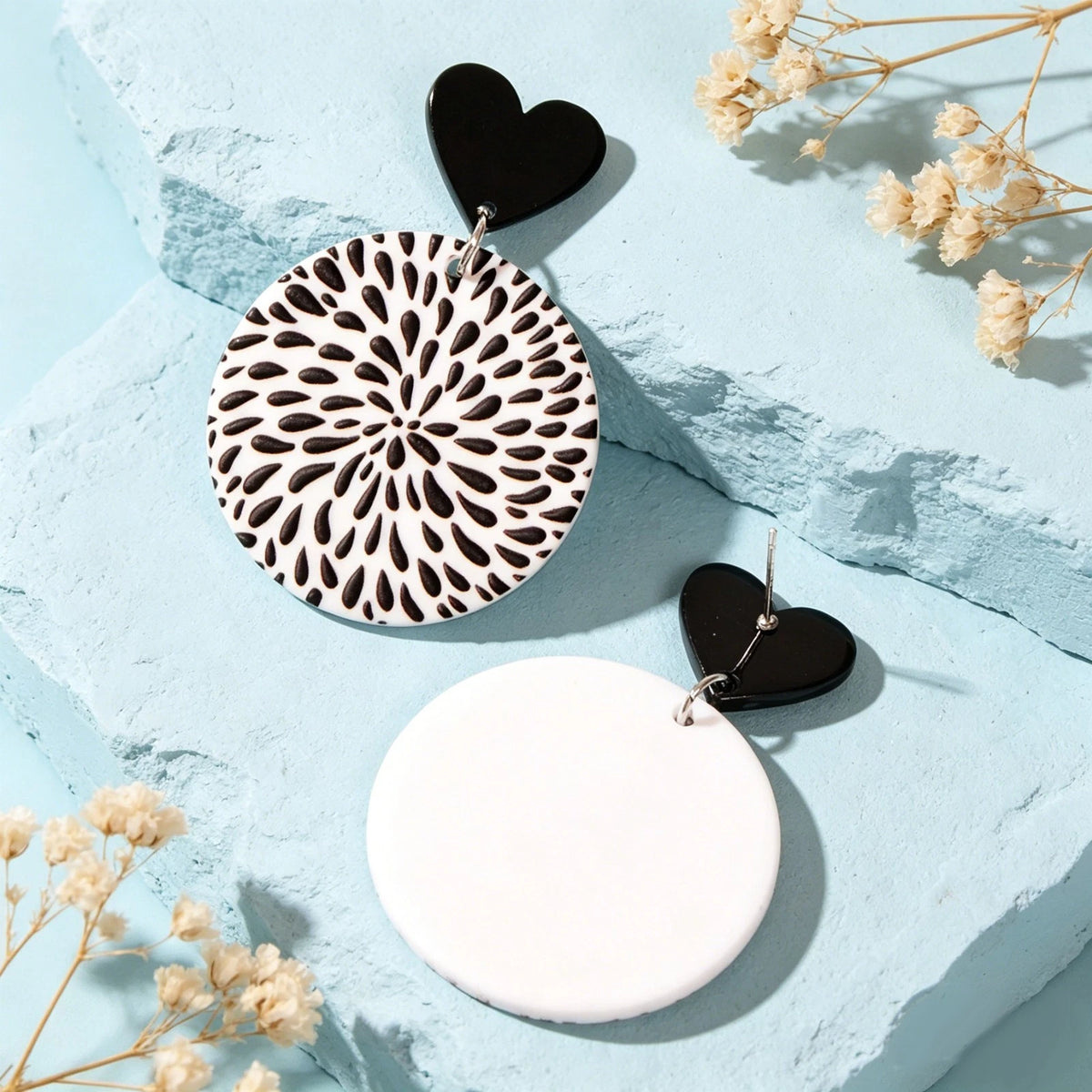 Boho Retro White Black Geometric Pattern Heart Round Acrylic Holiday Earrings