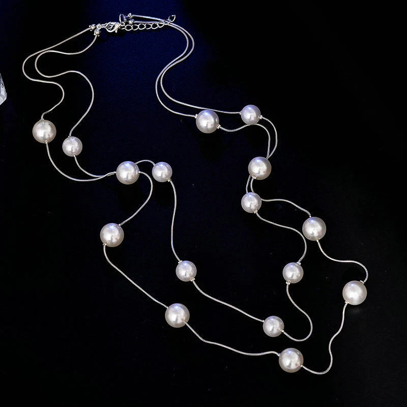 Double Layer Pearl Decor Gold Silver Chain Long Necklace Fashion Accessories