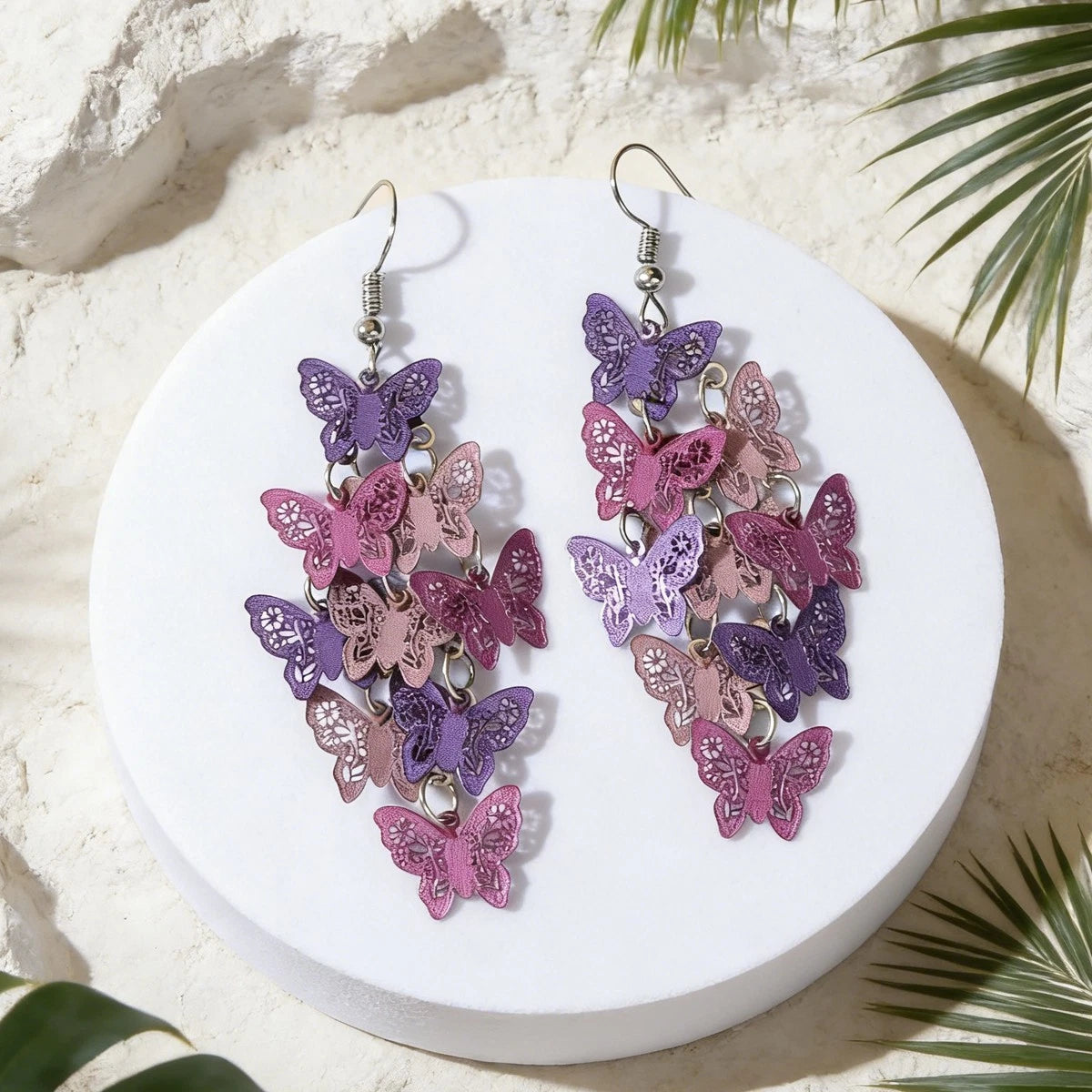 Trendy Summer Vacation Colorful Hollow Multi-level Butterfly Chandelier Earrings
