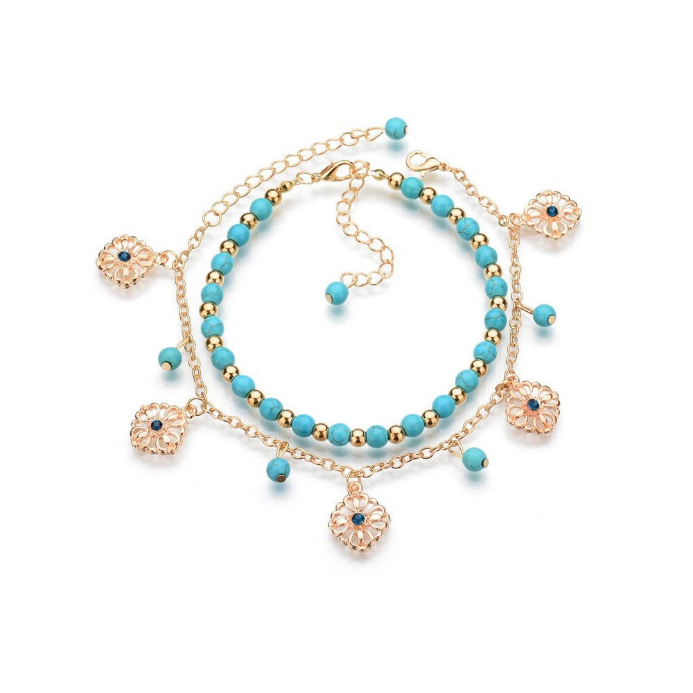 Turquoise Beads Double-Layered Anklet Round Pendant Boho Chic Foot Jewellery