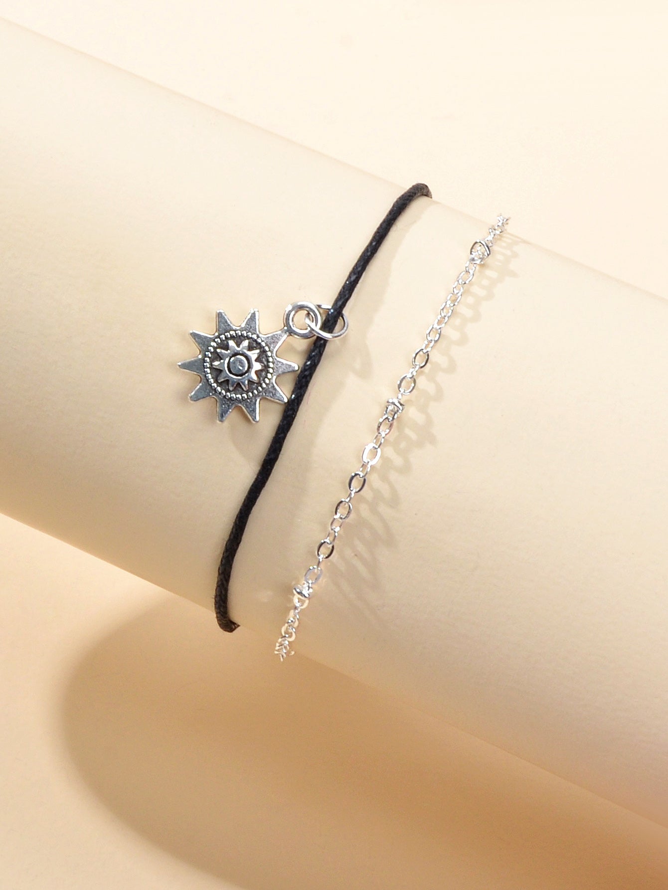 Black Cord Silver Chain Double layer Sunflower Charm String Anklet Bracelet Gift
