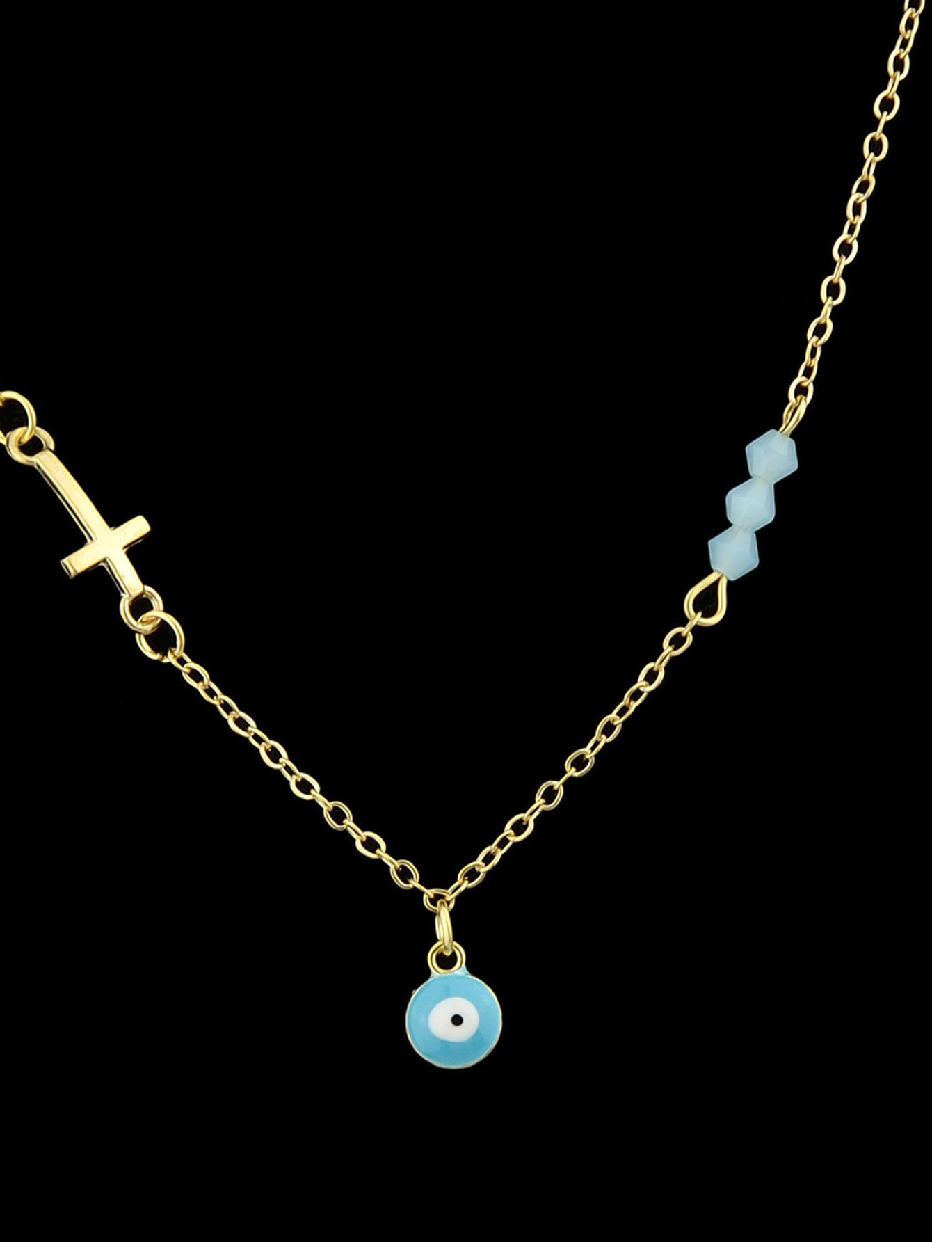 Boho Chic Chain Blue Beads Cross Round Eye Charm Necklace Girls Ethnic Jewellery