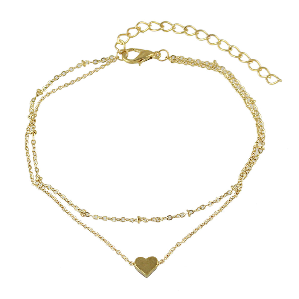 1 pc Beach Foot Jewellery Double layer Gold Chain Heart Charm Boho Chic Anklet