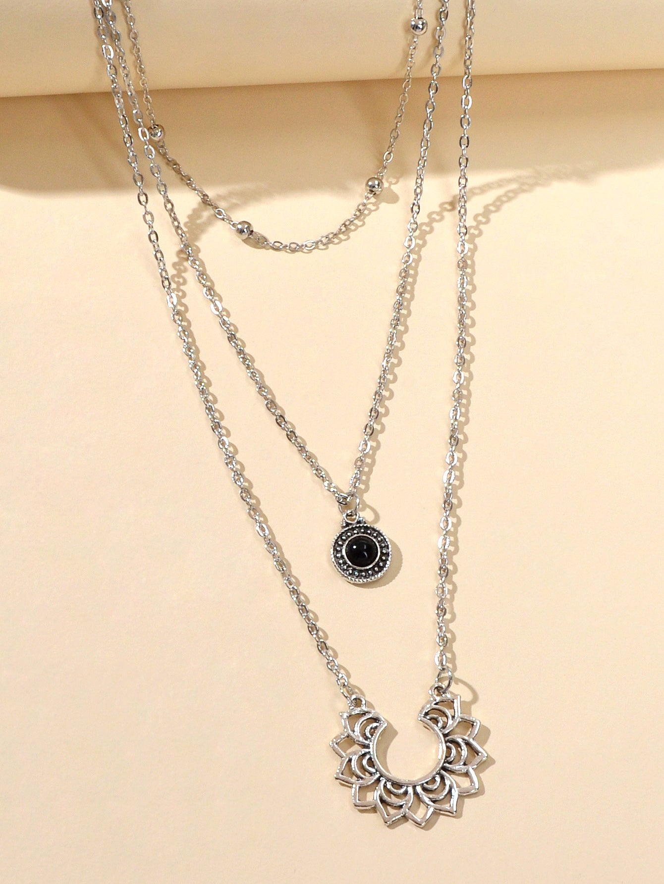 Tribal Ethnic Silver Multi-layer Chain Black Beads Geometric Pendant Necklace