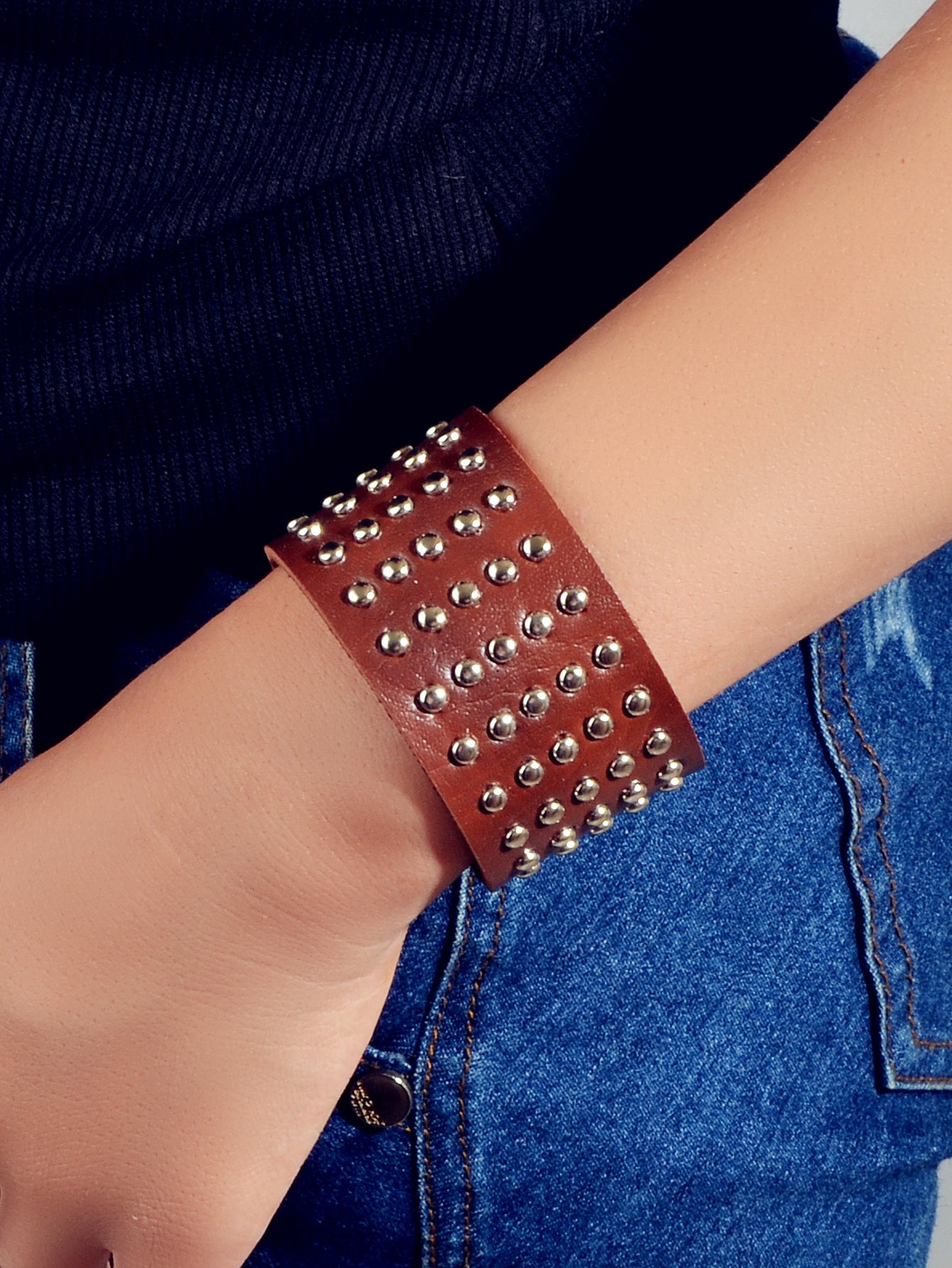 Punk Rock Silver Spike Leather Wide Wrap Bracelet Women Teens Hiphop Jewellery