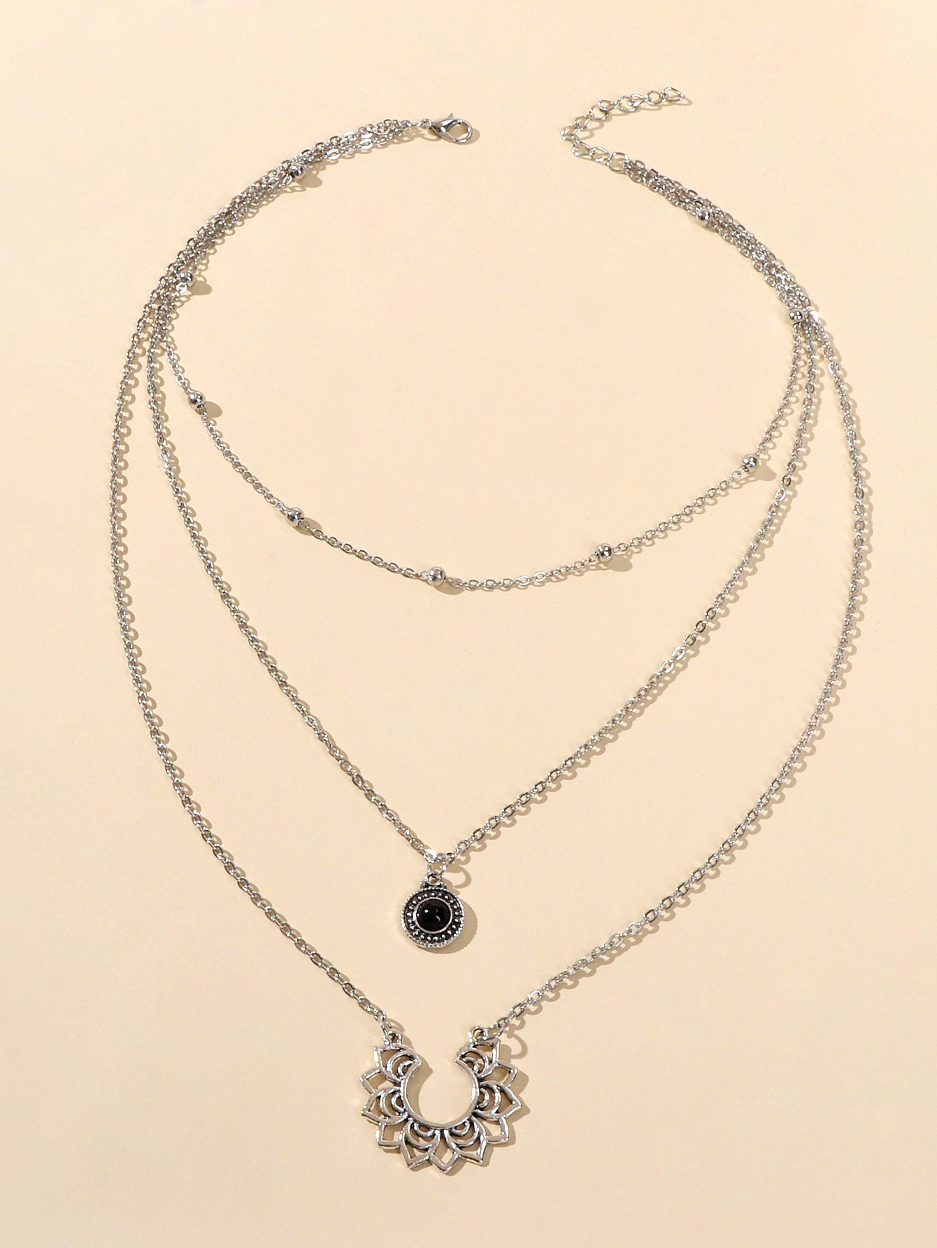 Tribal Ethnic Silver Multi-layer Chain Black Beads Geometric Pendant Necklace