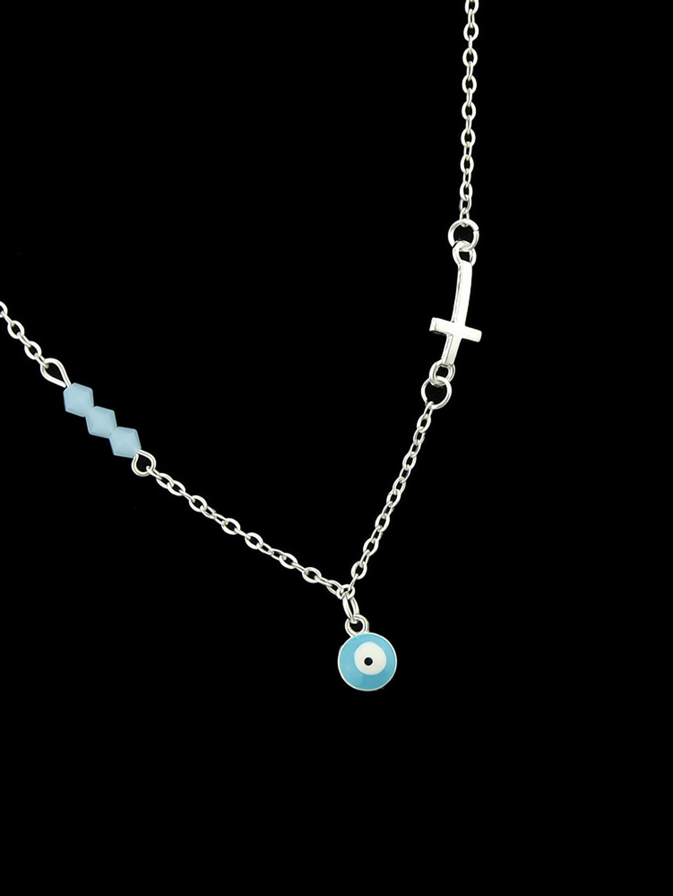 Boho Chic Chain Blue Beads Cross Round Eye Charm Necklace Girls Ethnic Jewellery