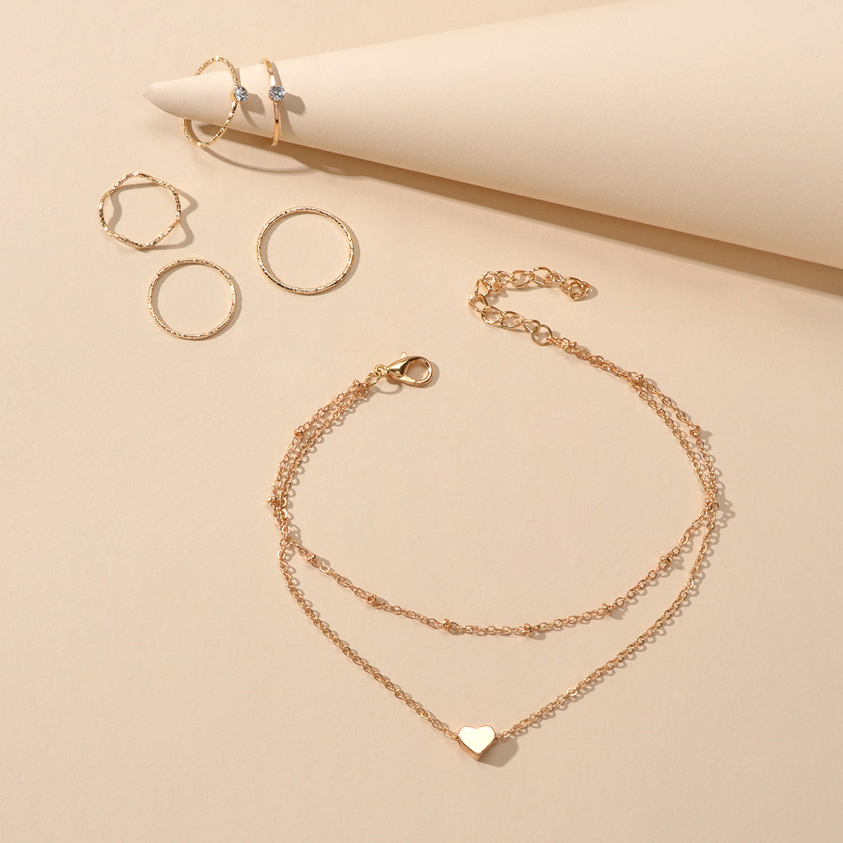 Multi-layer Gold Chain Love Heart Charm Anklet Knuckle Curved Multiple Rings set
