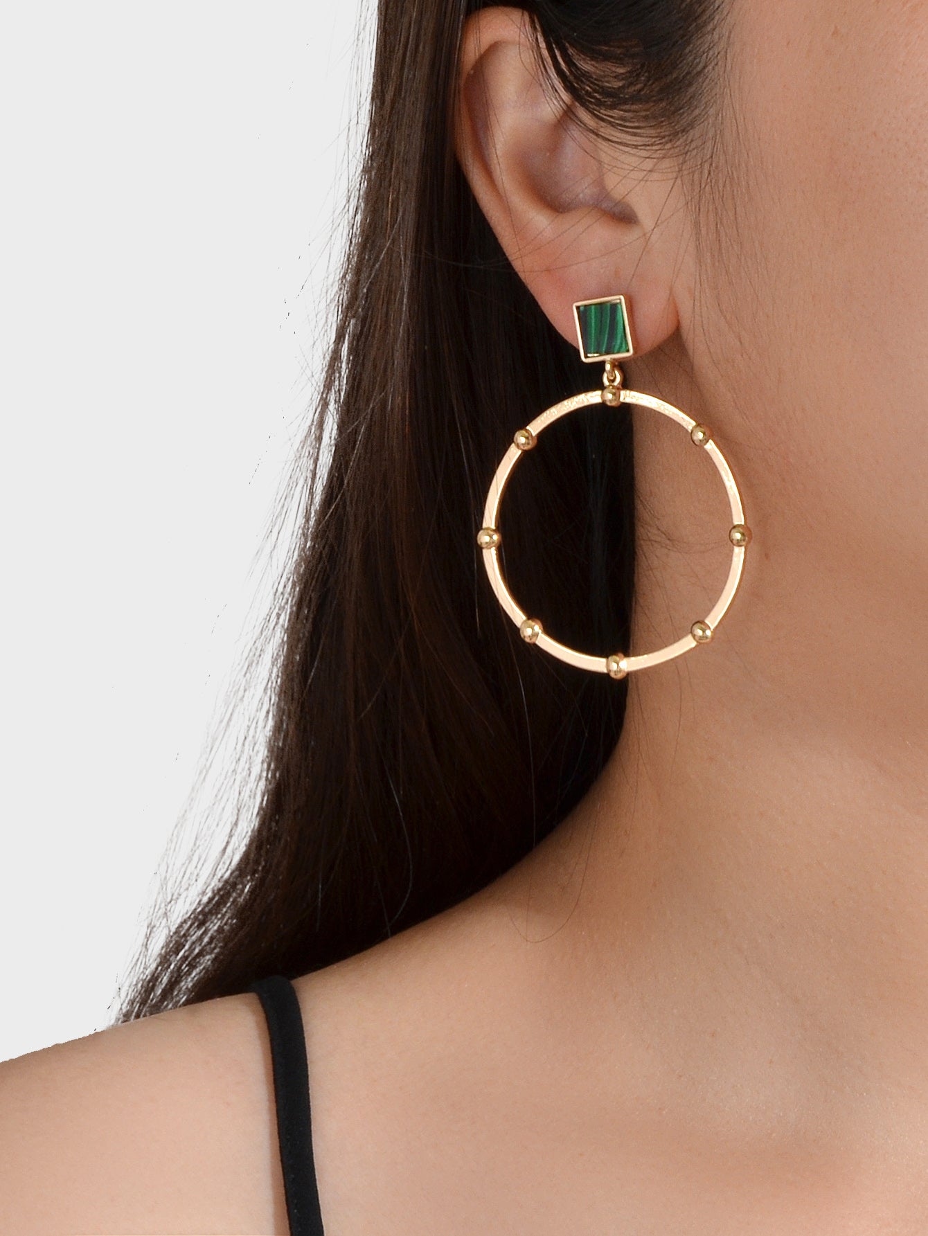 Trendy Jewellery Green Squre Decor Gold Circle Statement Dangle Party Earrings