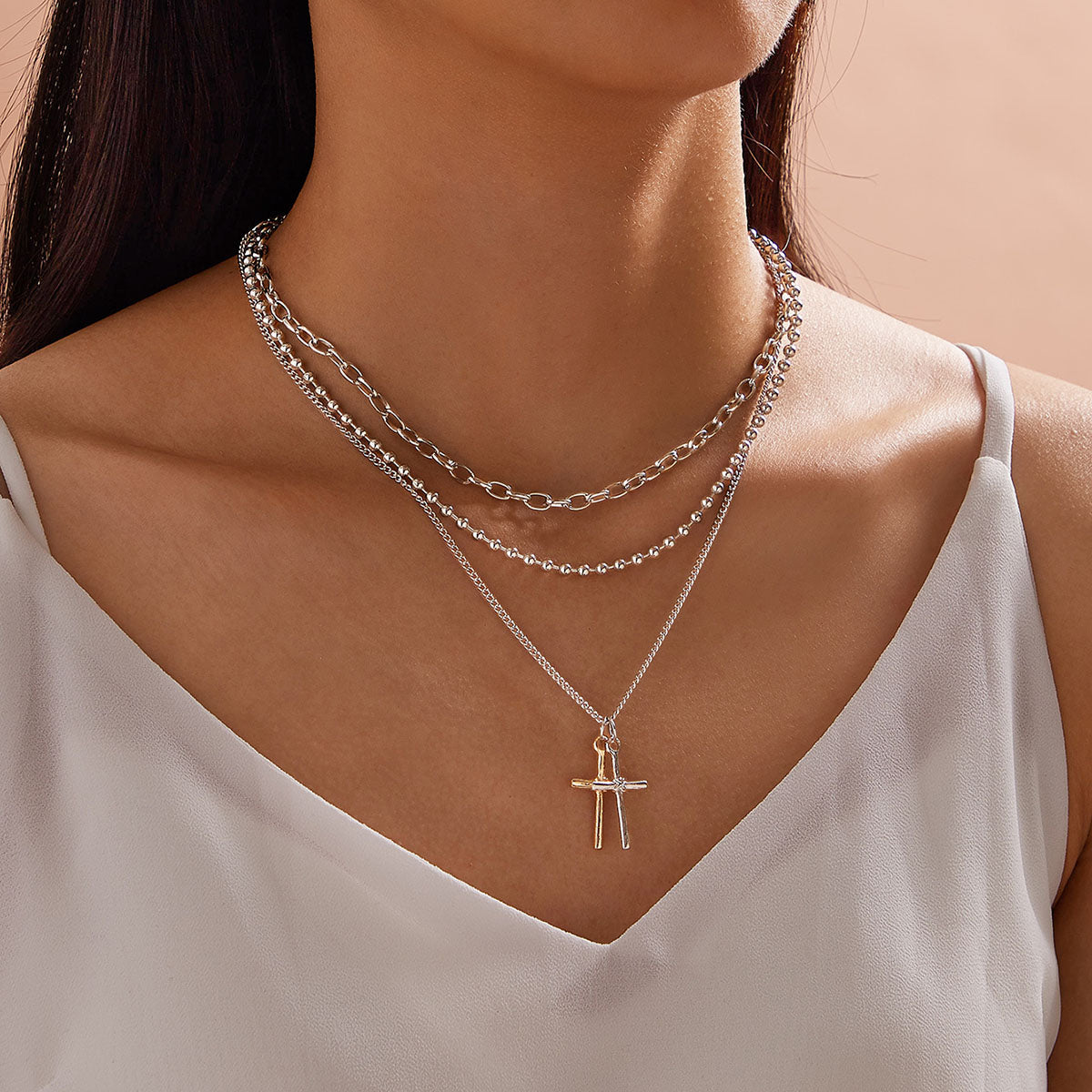3pcs Punk Jewelry Silver Popcorn Chain Cross Charm Statement Necklace for Women