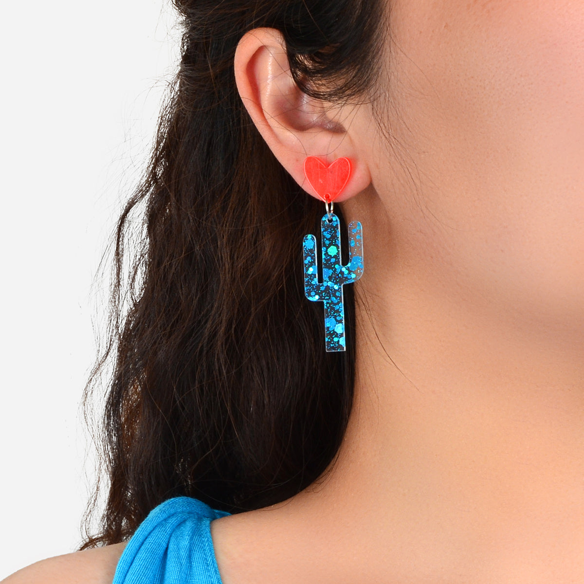 Boho Lightweight Red Heart Blue Cactus Unique Acrylic Transparent Plant Earrings