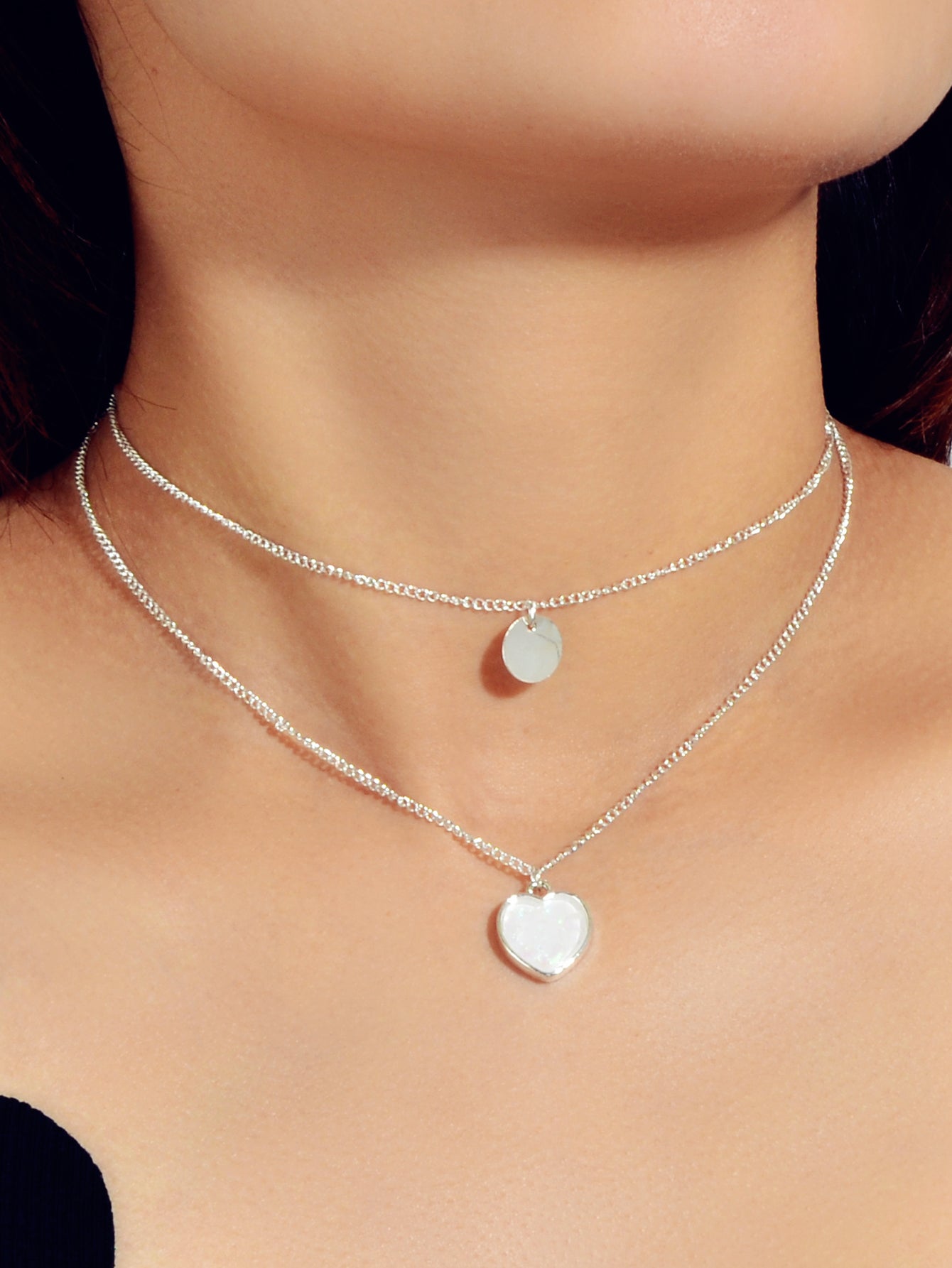 2 pcs Multiple Gold Silver Chain Round Heart Charm Women Necklace Female Jewelry