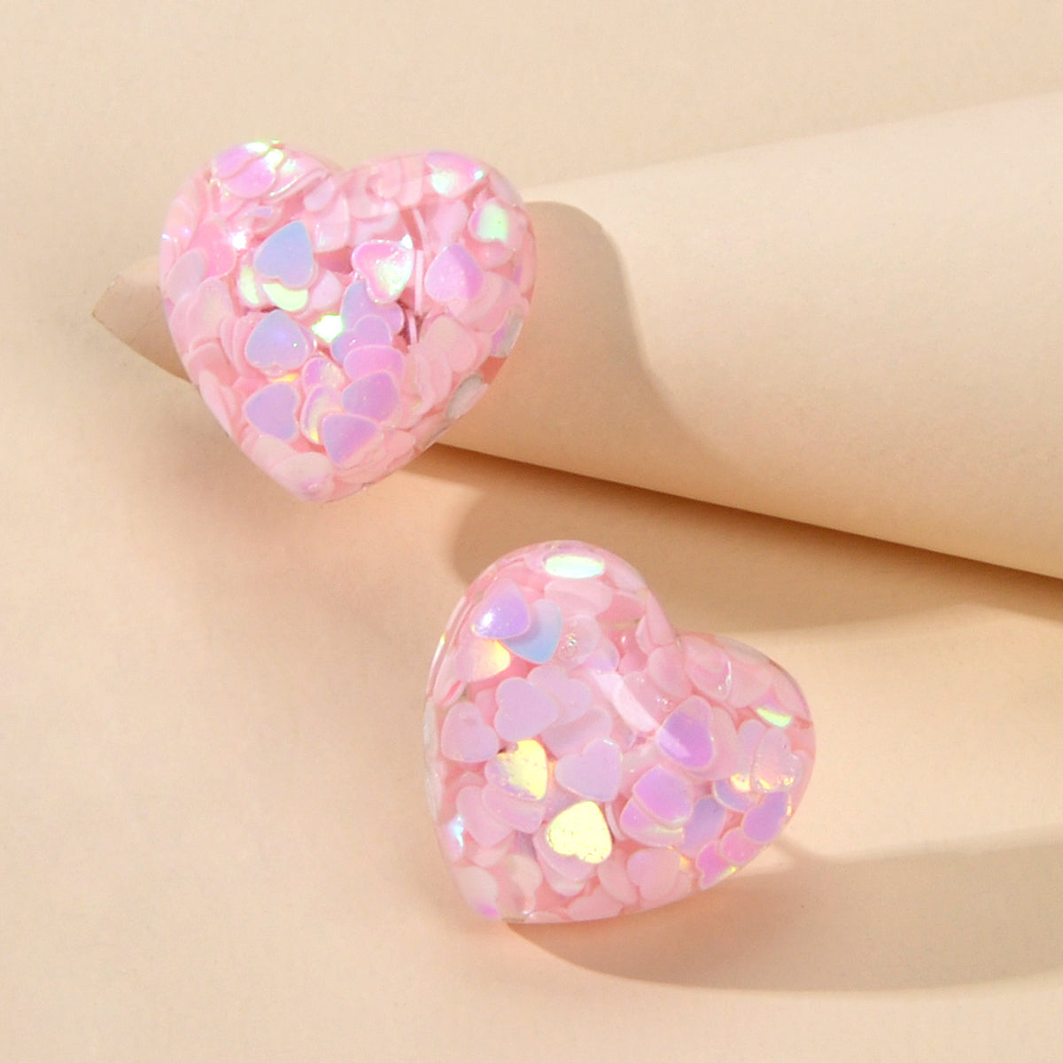 Love Heart Handmade Sparkle Glitter Stud Sequins Pierced Earrings Resin Jewelry