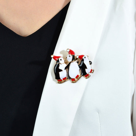 Cartoon Enamel Lovely Three Penguins Skate Brooch Pin Badge Christmas Jewellery