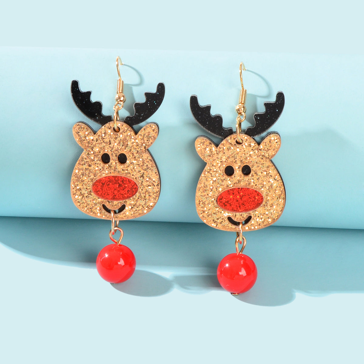 Shining Red Bead Gold Dangle Christmas Reindeer Earrings Elk Deer Fesvital Jewelry