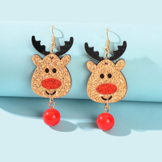 Shining Red Bead Gold Dangle Christmas Reindeer Earrings Elk Deer Fesvital Jewelry