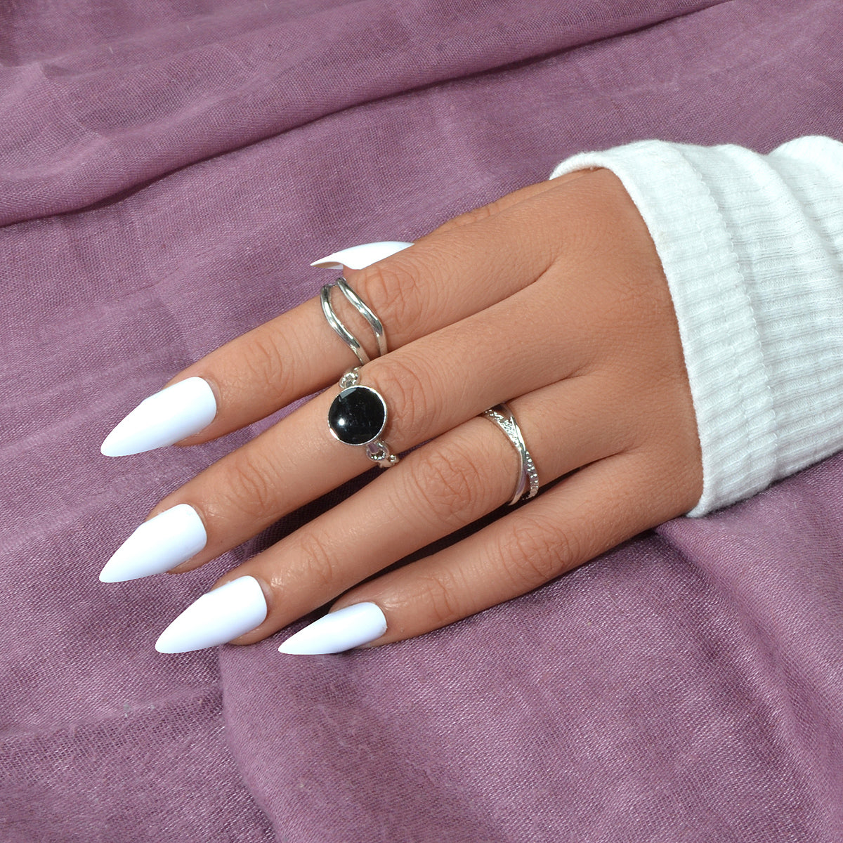 Multiple 3pcs Round Black White Metal Knuckle Stackable Midi Finger Rings Set