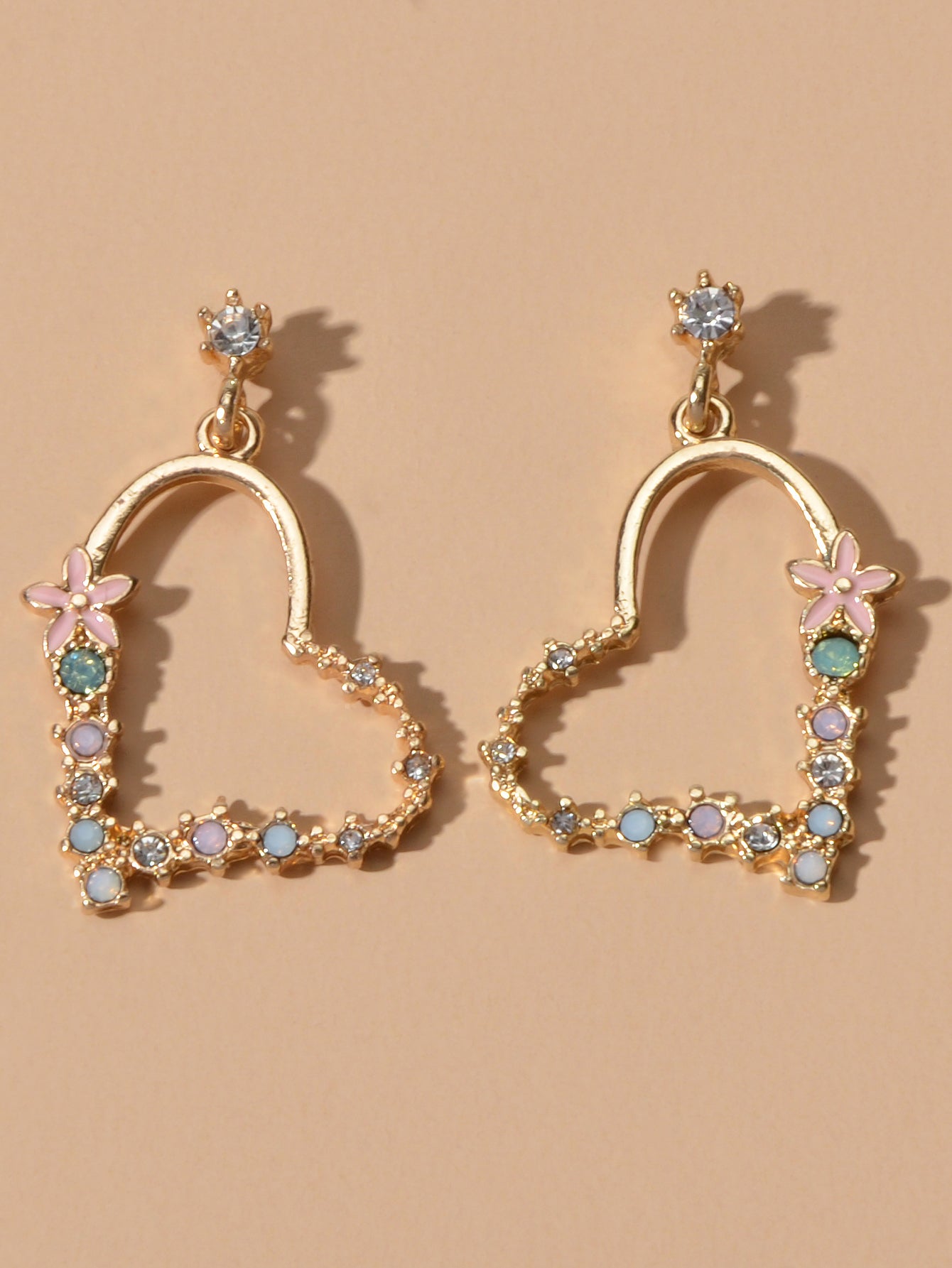 Good Quality Rhinestone Flower Gold Heart Drop Earrings Girl Fashion Accessories
