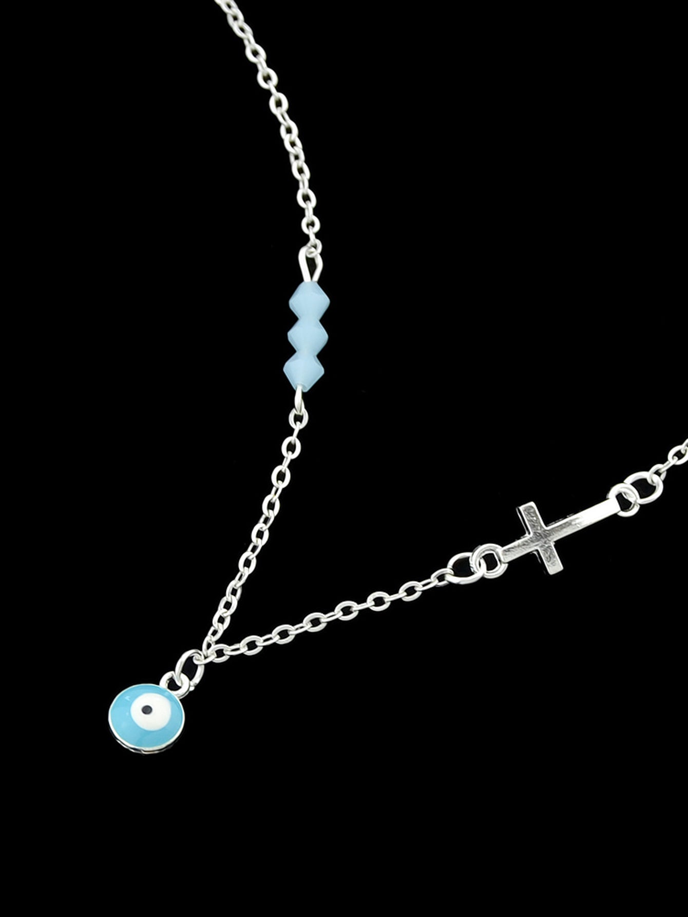 Boho Chic Chain Blue Beads Cross Round Eye Charm Necklace Girls Ethnic Jewellery