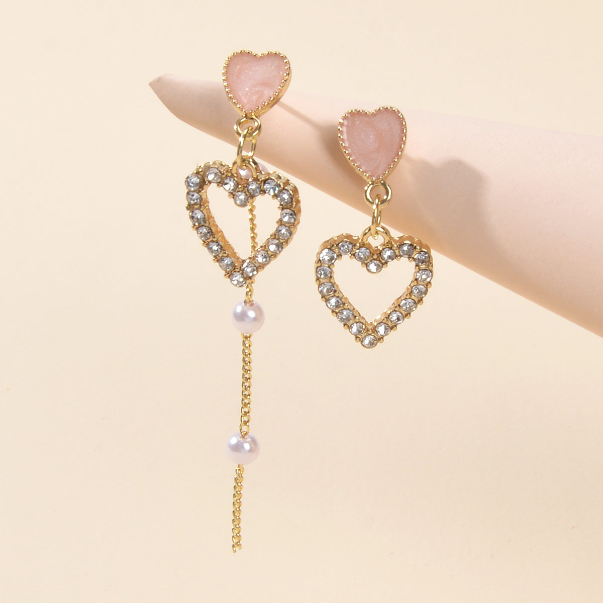 Perfect Engagement Gift Pearl Rhinestone Pink Love Heart Asymmetric Drop Earring