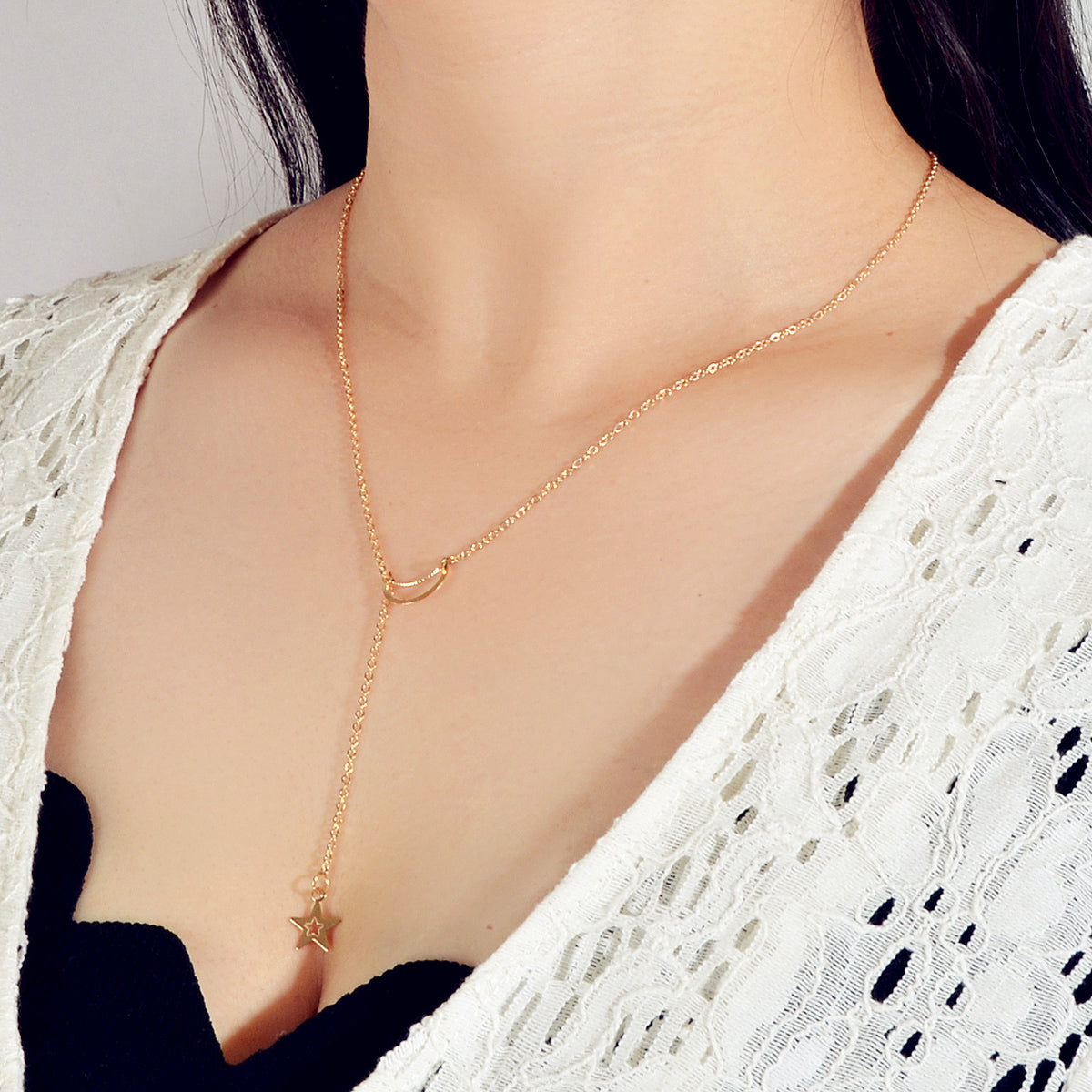 Dangle Y Lariat Crescent Moon Star Drop Charm Necklace Women's Choker Party Gift