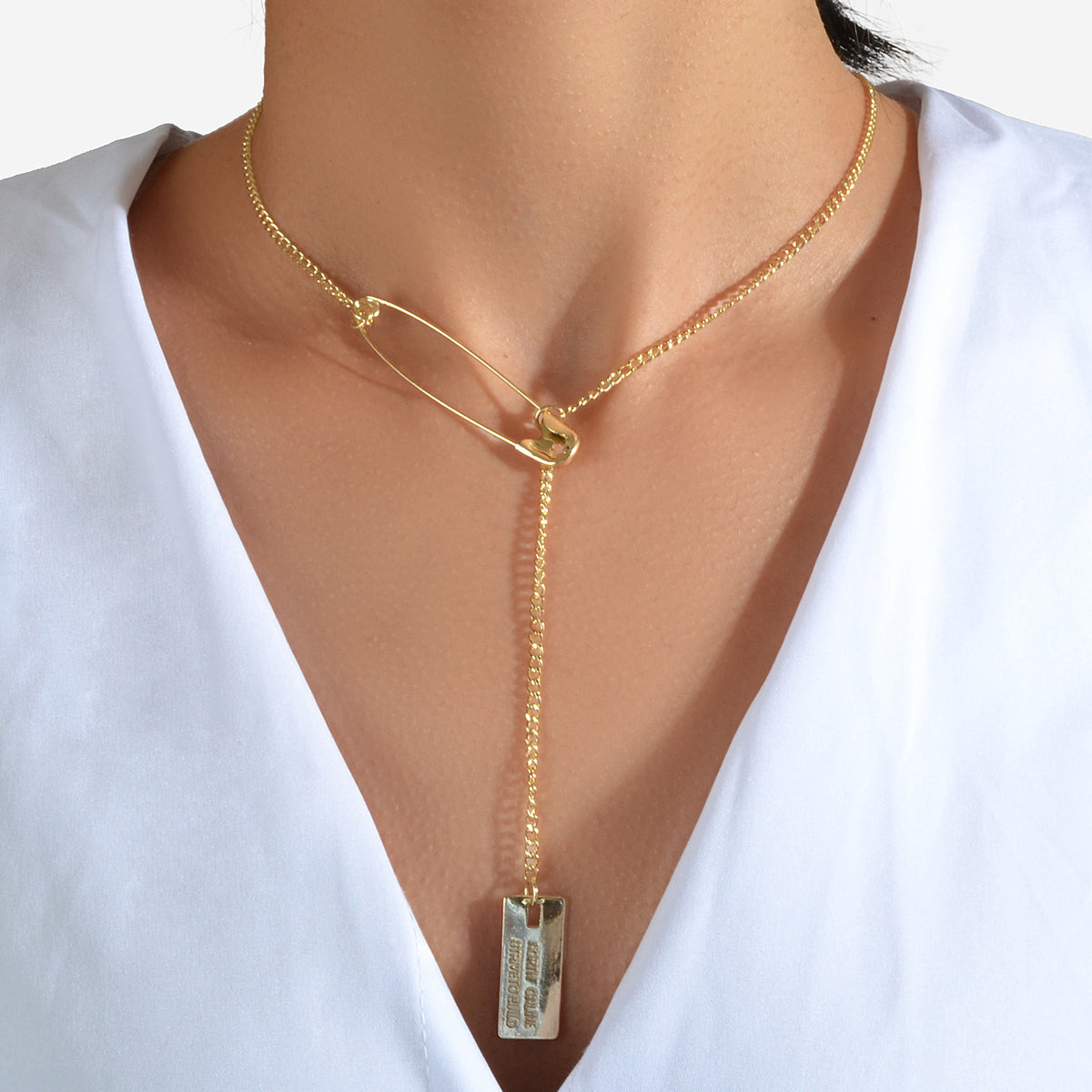Punk Hip Hop Goth Style Gold Silver Chain Pin Square Pendant Y Lariat Necklace