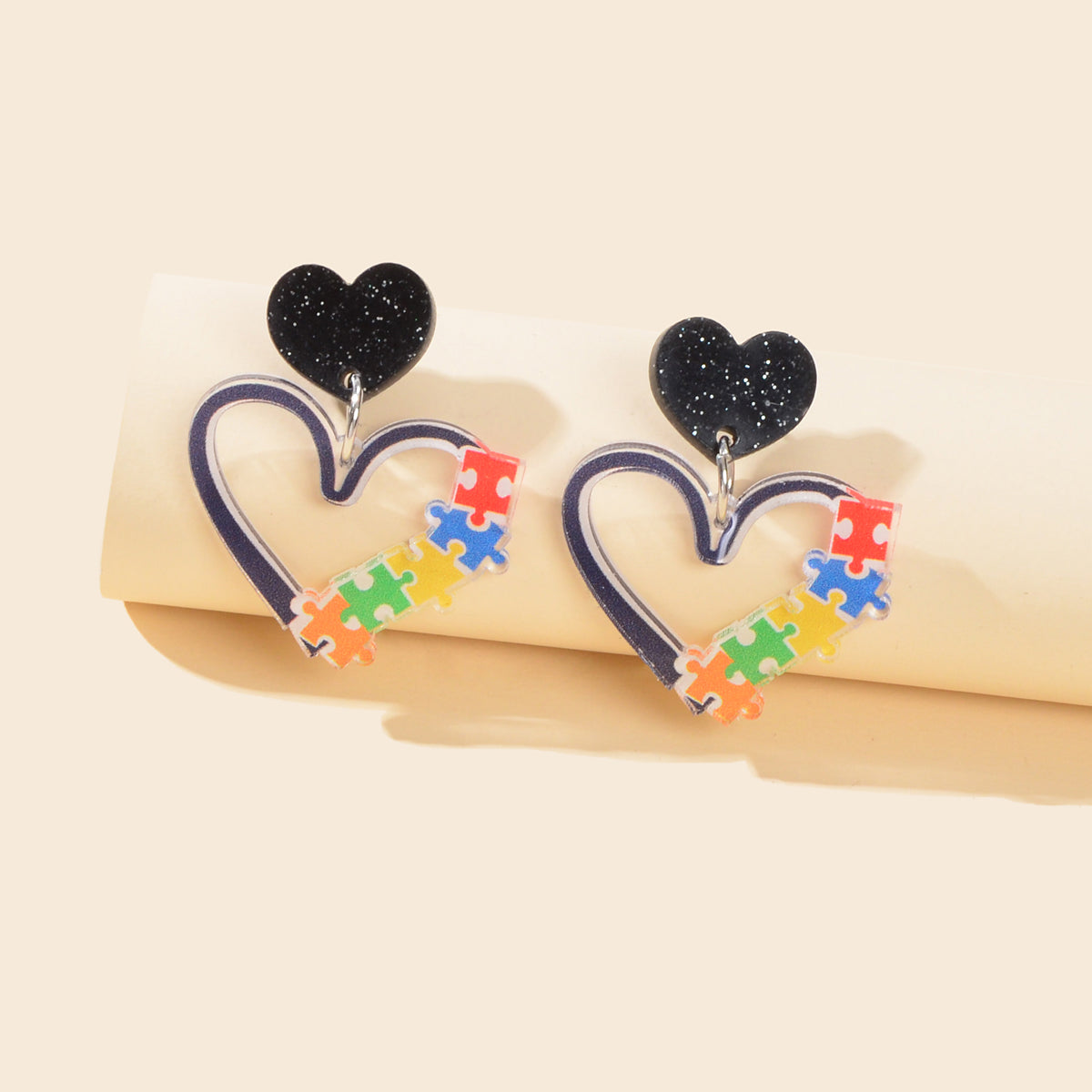 Cute Funny Female Jewellery Colourful Puzzle Acrylic Black Heart Dangle Earrings