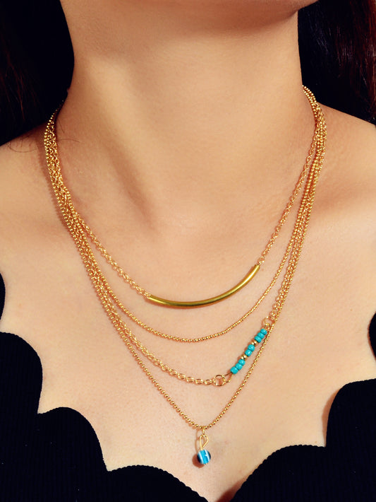 Boho Chic Blue Beads Jewelry Multilayer Gold Chain Round Pendant Ethnic Necklace