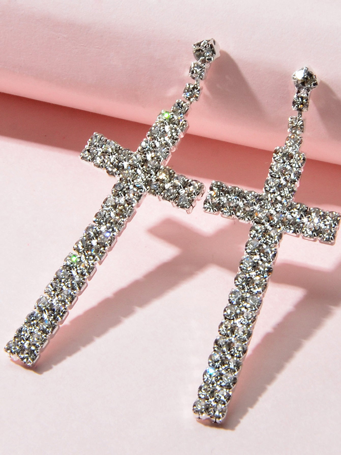 Female Jewellery Punk Shining Full Rhinestone Silver Cross Statement Earrings