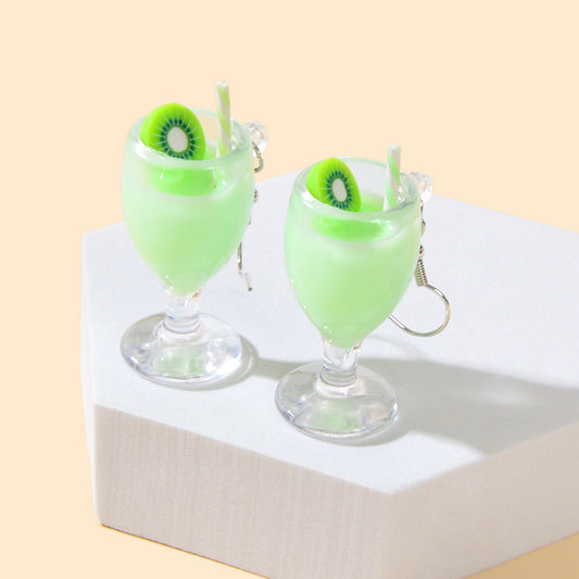Creative Designer Jewellery Green Resin Fruit Kiwi Drink Chunky Hook Earrings